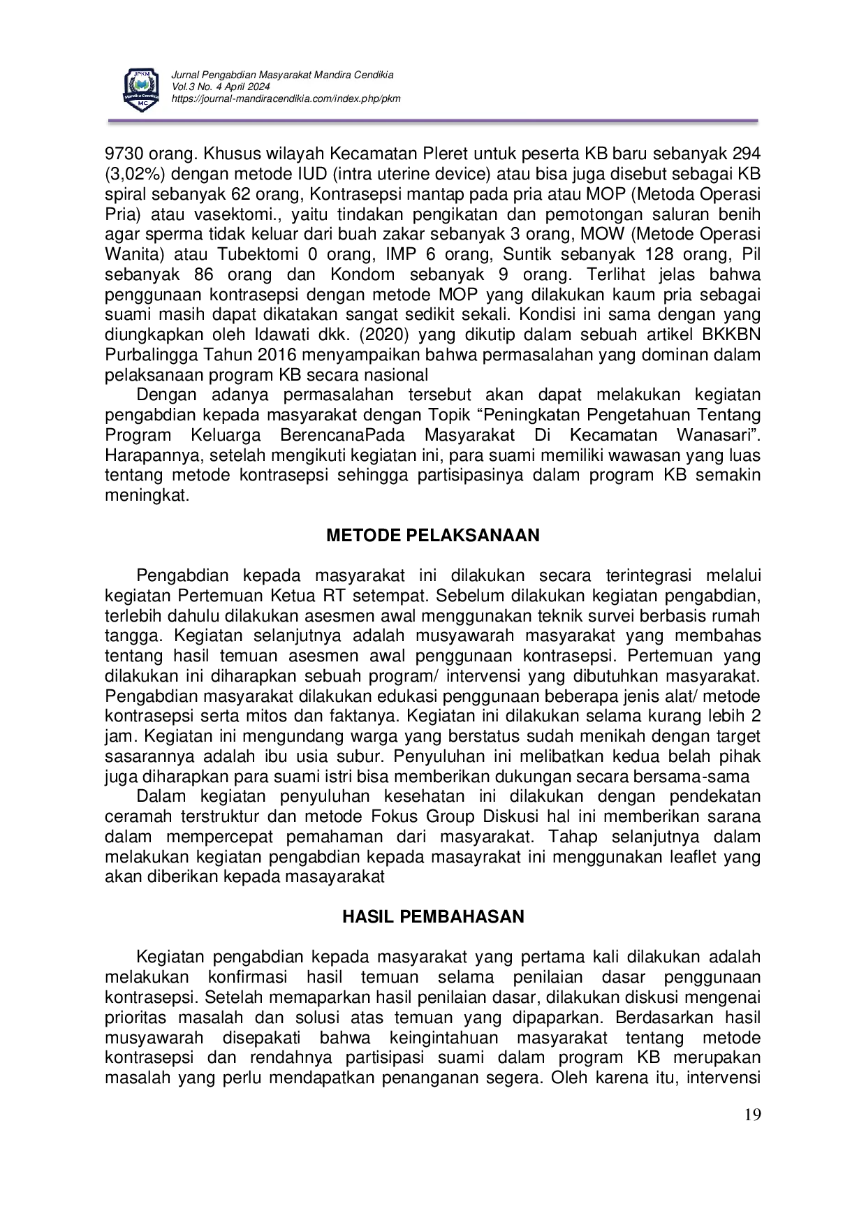 JURIS Peningkatan Pengetahuan Tentang Program Keluarga Berencana Pada Masyarakat Di Kecamatan Wanasari