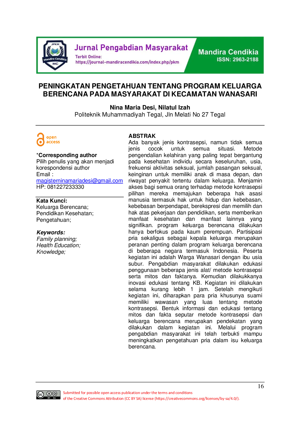 JURIS Peningkatan Pengetahuan Tentang Program Keluarga Berencana Pada Masyarakat Di Kecamatan Wanasari