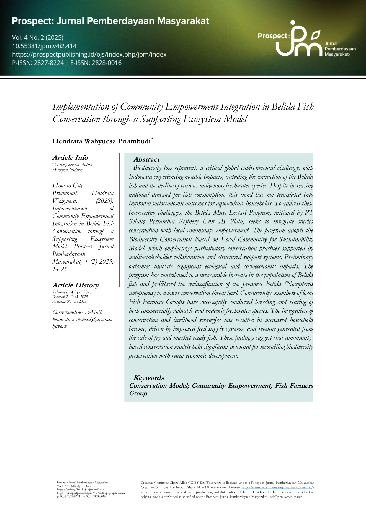 JURIS Implementation of Community Empowerment Integration in Belida Fish Conservation through a Supporting Ecosystem Model