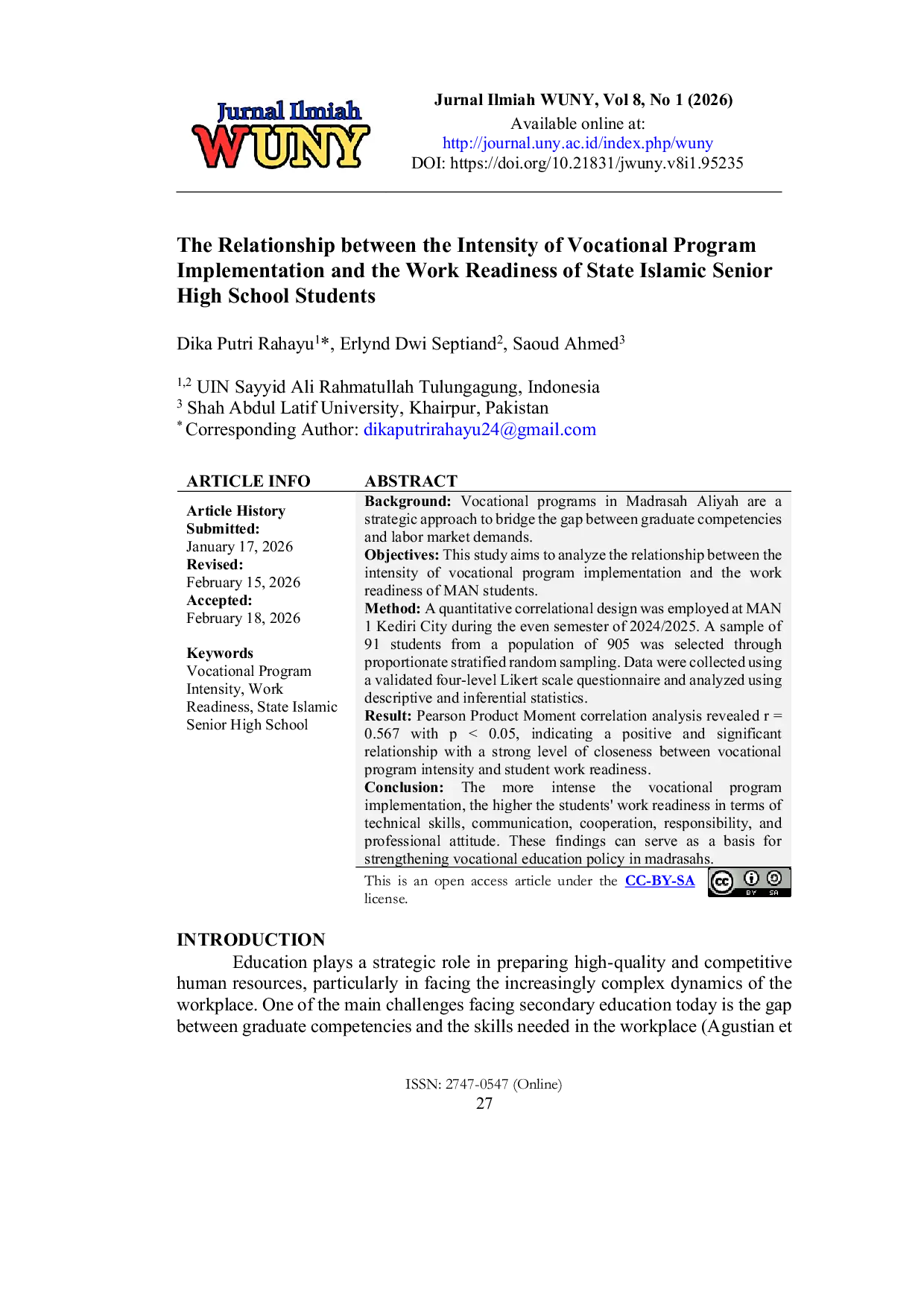 JURIS The Relationship Between the Intensity of Vocational Program Implementation and the Work Readiness of State Islamic Senior High School Students