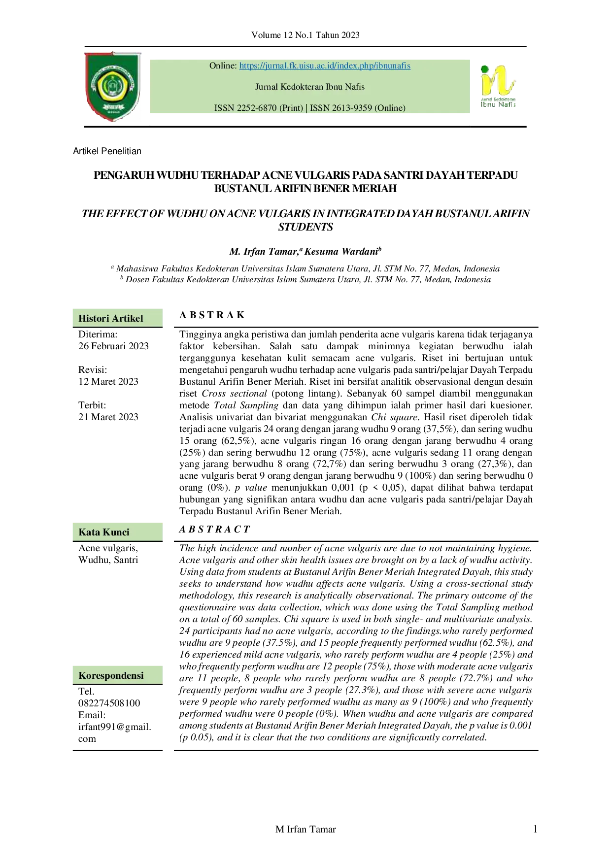 JURIS Pengaruh Wudhu Terhadap Acne Vulgaris Pada Santri Dayah Terpadu Bustanul Arifin Bener Meriah