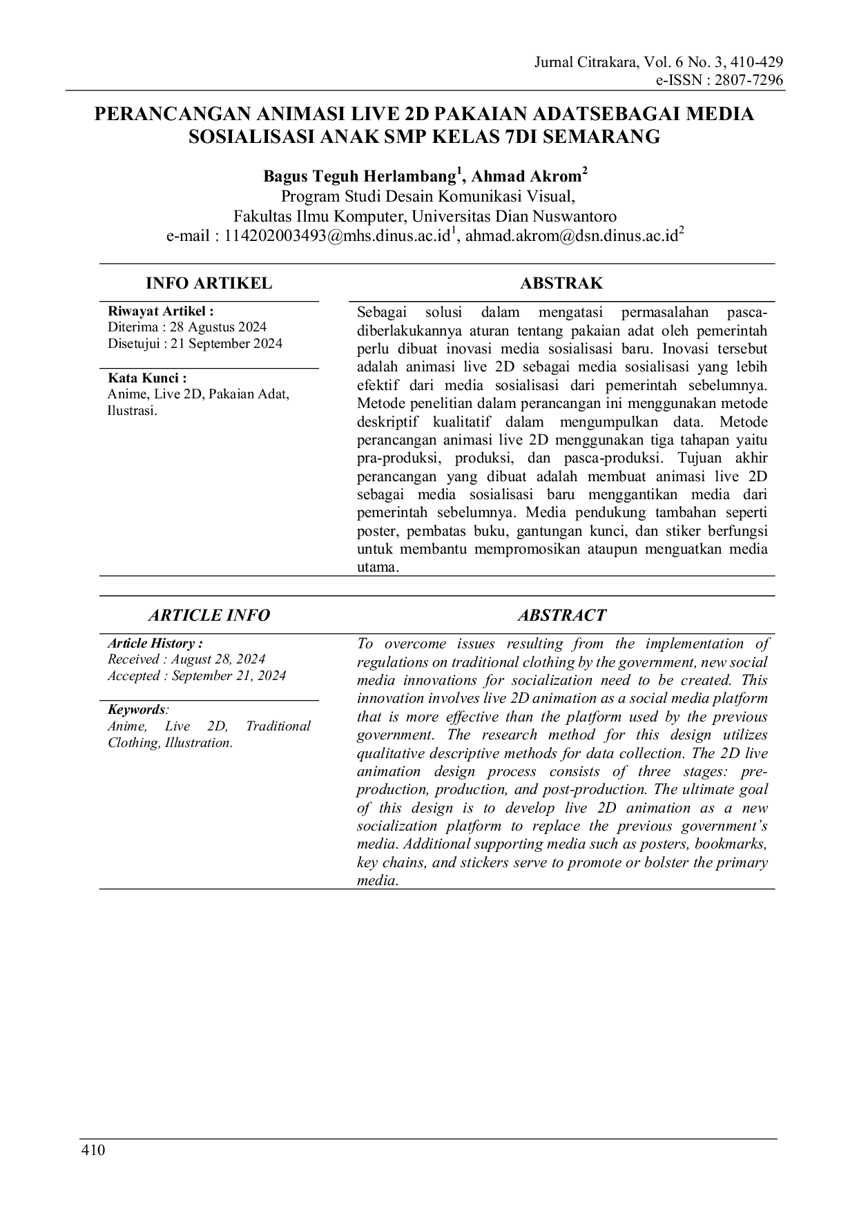 JURIS Perancangan Animasi Live 2D Pakaian Adat Sebagai Media Sosialisasi Anak SMP Kelas 7 Di Semarang