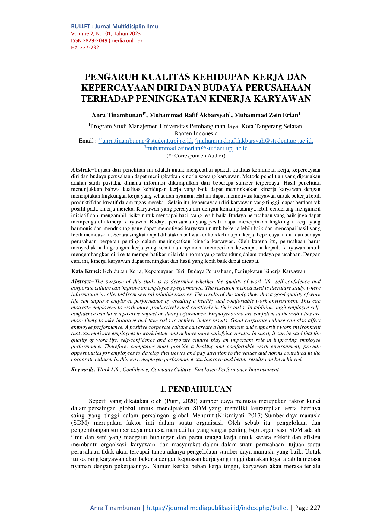 JURIS Pengaruh Kualitas Kehidupan Kerja Dan Kepercayaan Diri Dan Budaya Perusahaan Terhadap Peningkatan Kinerja Karyawan