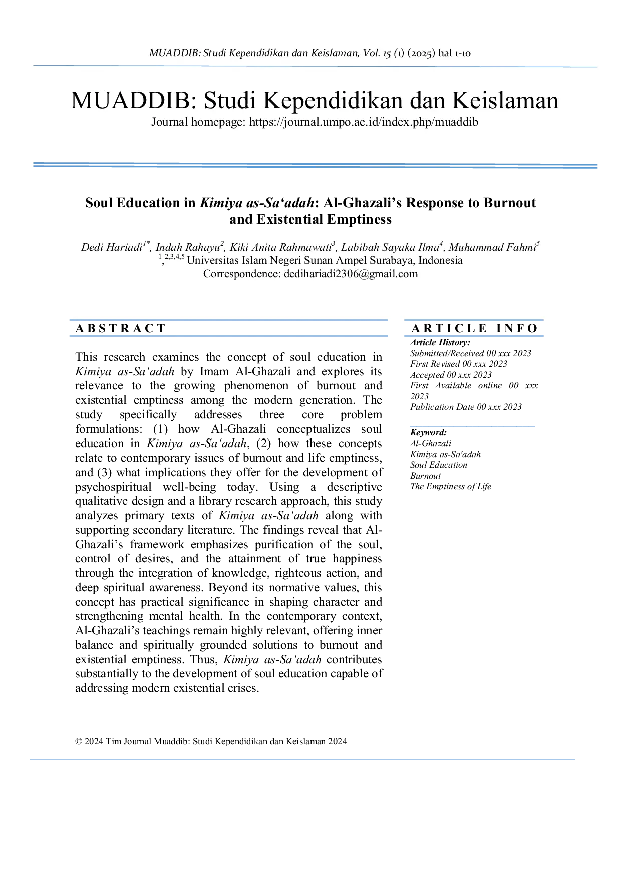 JURIS The Concept Of Soul Education In Kimiya As Sa adah Al Ghazali s Solution To The Burnout Generation And The Emptyness Of Life