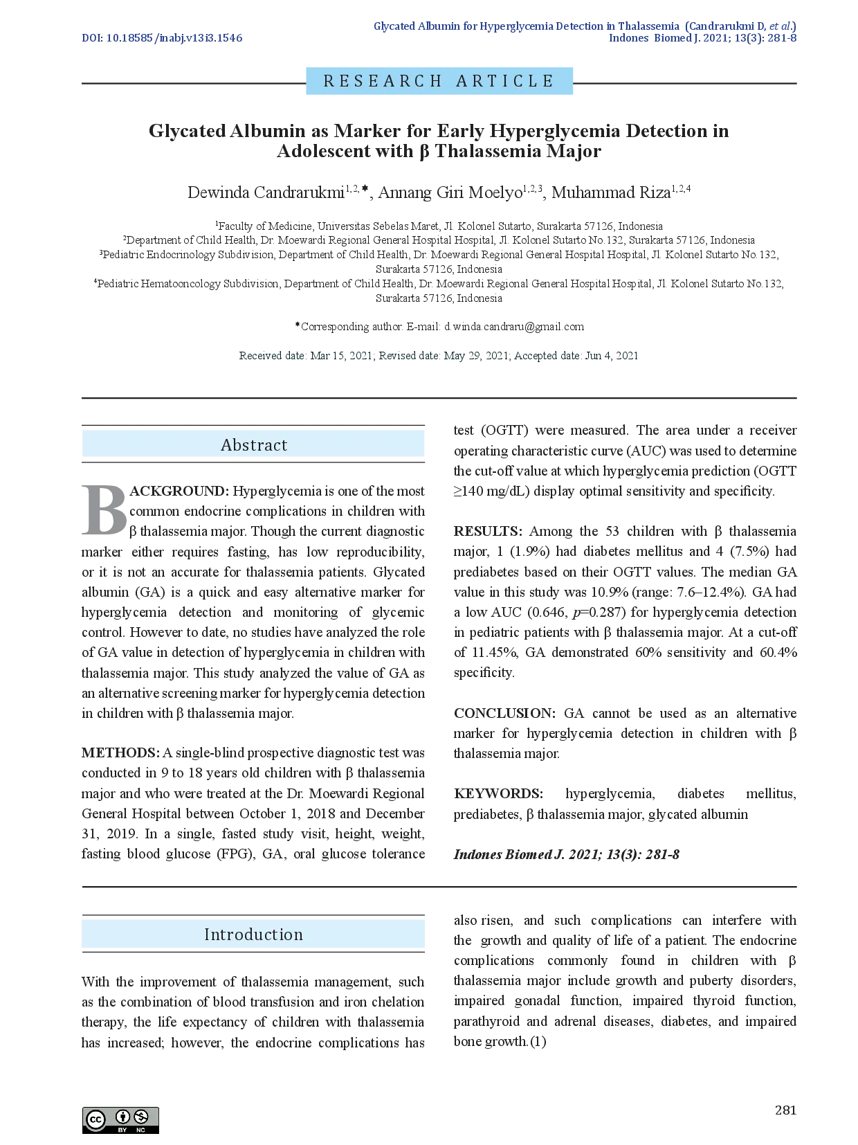 juris Glycated Albumin as Marker for Early Hyperglycemia Detection in Adolescent with Thalassemia Major