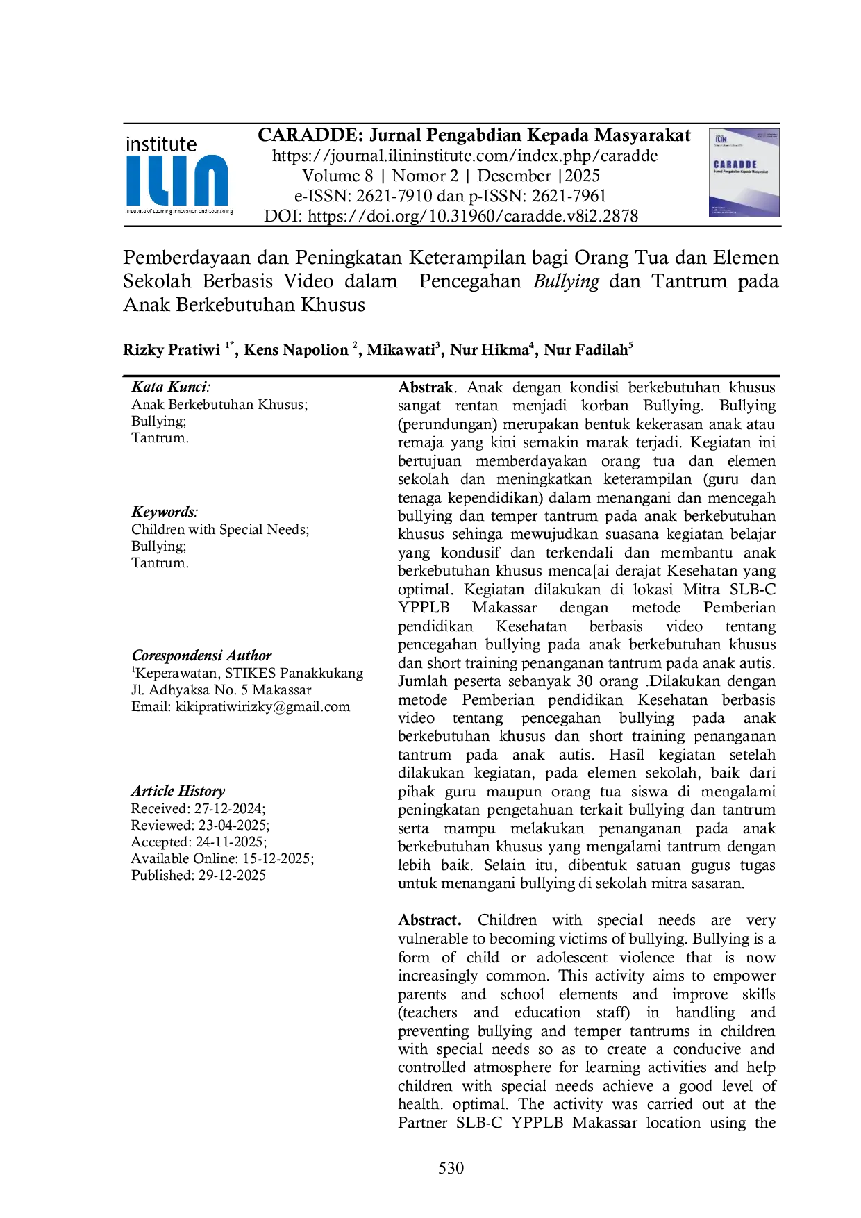JURIS Pemberdayaan dan Peningkatan Keterampilan bagi Orang Tua dan Elemen Sekolah Berbasis Video dalam Pencegahan Bullying dan Tantrum pada Anak Berkebutuhan Khusus