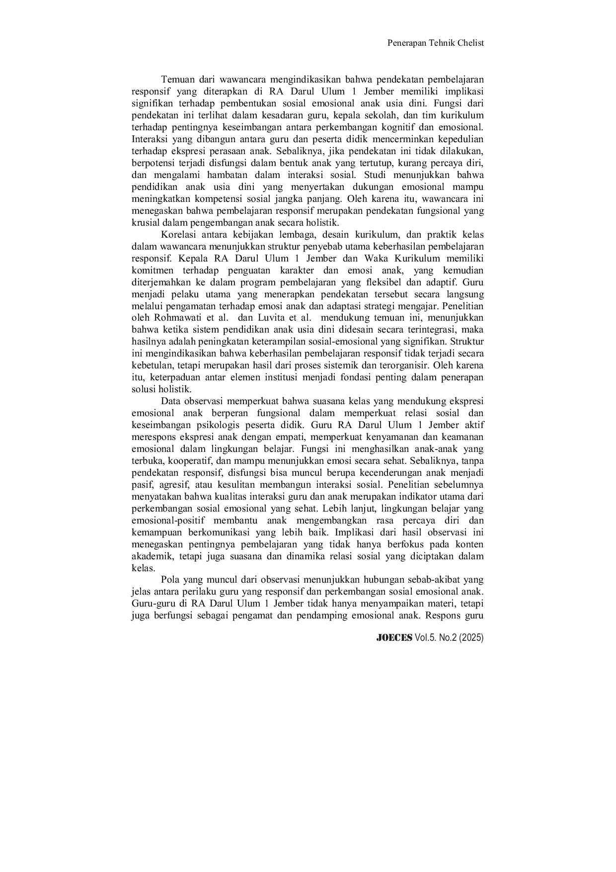 JURIS Pengembangan Pembelajaran Responsif Anak Transformasi Pembentukan Sosial Emosional AUD sebagai Solusi Holistik di RA Darul Ulum 1 Jember