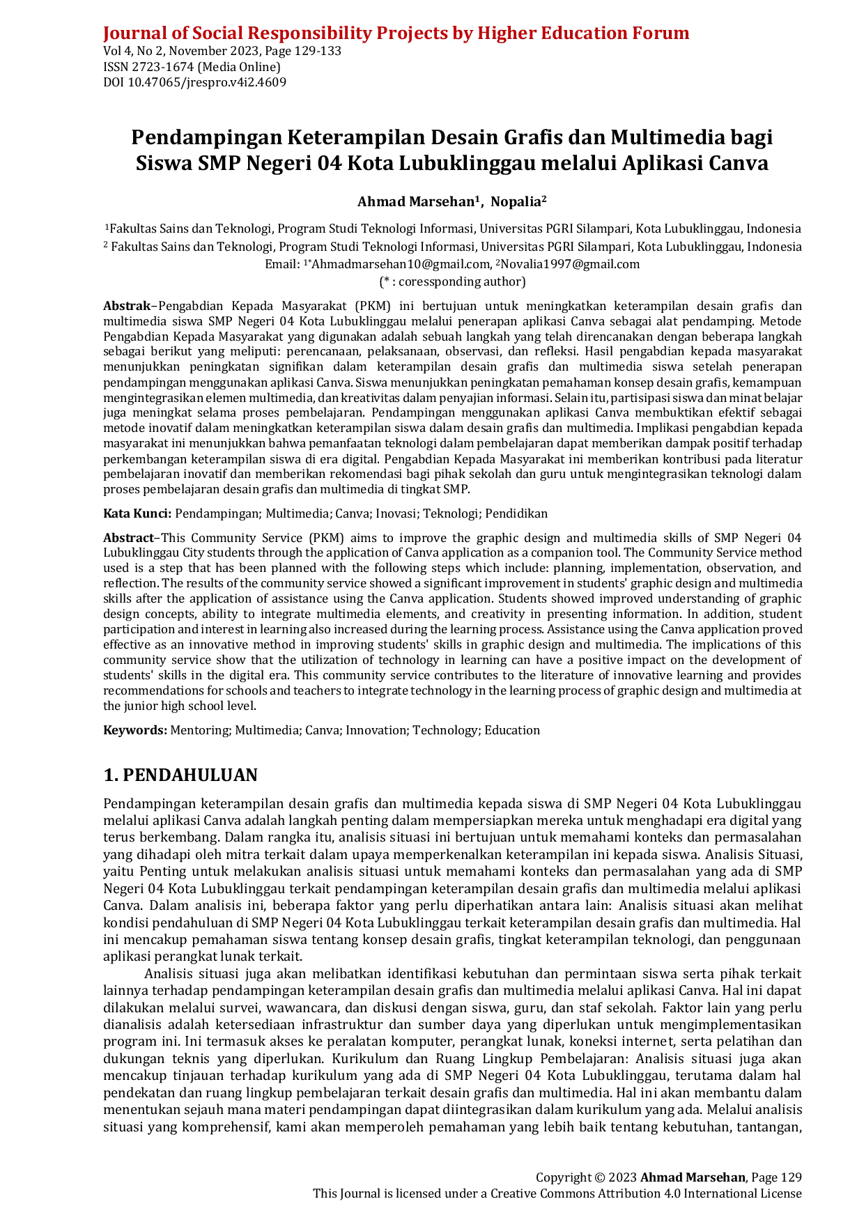 JURIS Pendampingan Keterampilan Desain Grafis dan Multimedia bagi Siswa SMP Negeri 04 Kota Lubuklinggau melalui Aplikasi Canva