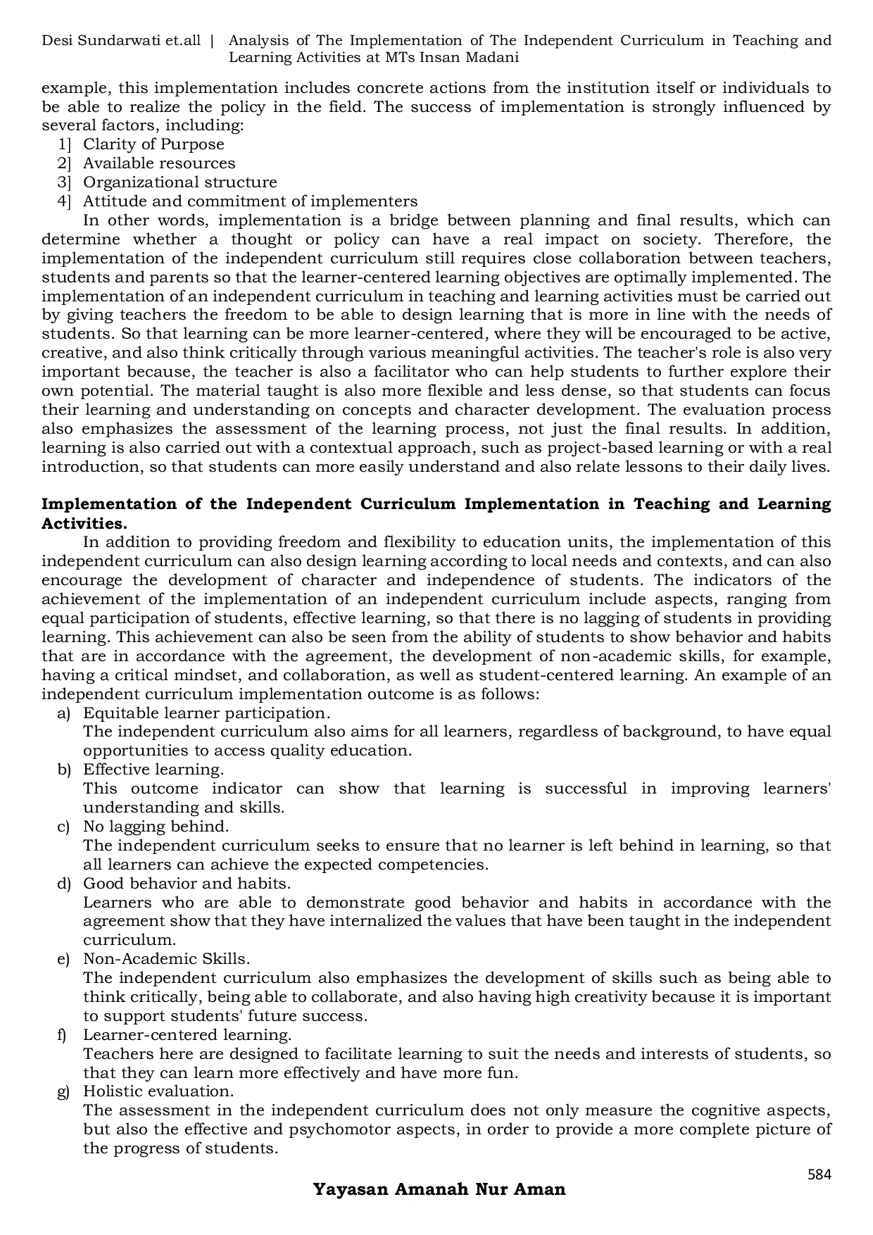 JURIS Analysis Of The Implementation Of The Independent Curriculum In Teaching And Learning Activities At Mts Insan Madani