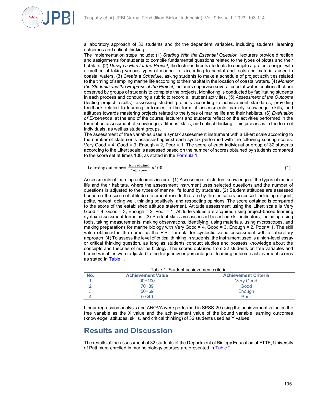 JURIS Project based learning using a laboratory approach on learning outcomes and critical thinking in marine biology