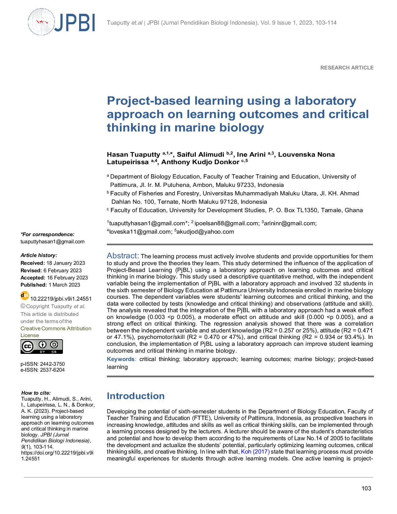 JURIS Project based learning using a laboratory approach on learning outcomes and critical thinking in marine biology