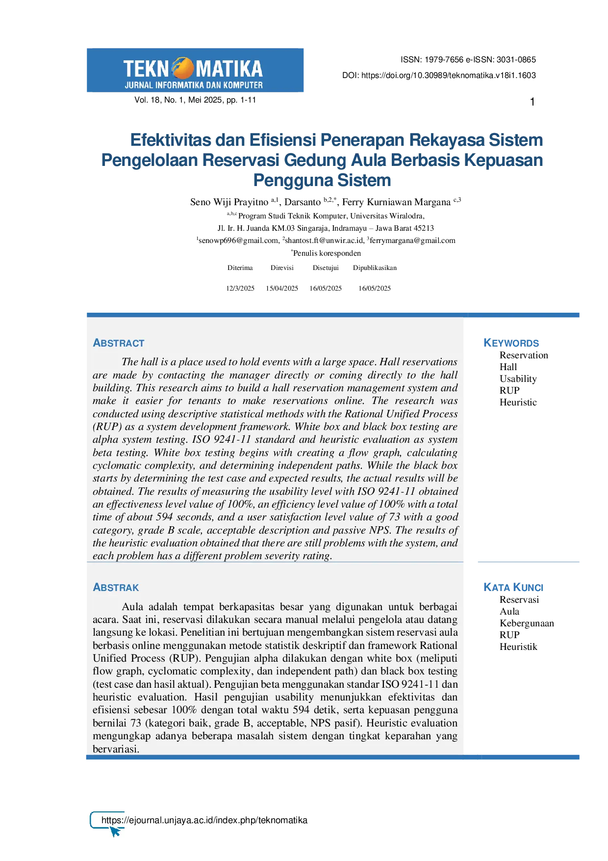 JURIS Efektivitas dan Efisiensi Penerapan Rekayasa Sistem Pengelolaan Reservasi Gedung Aula Berbasis Kepuasan Pengguna Sistem