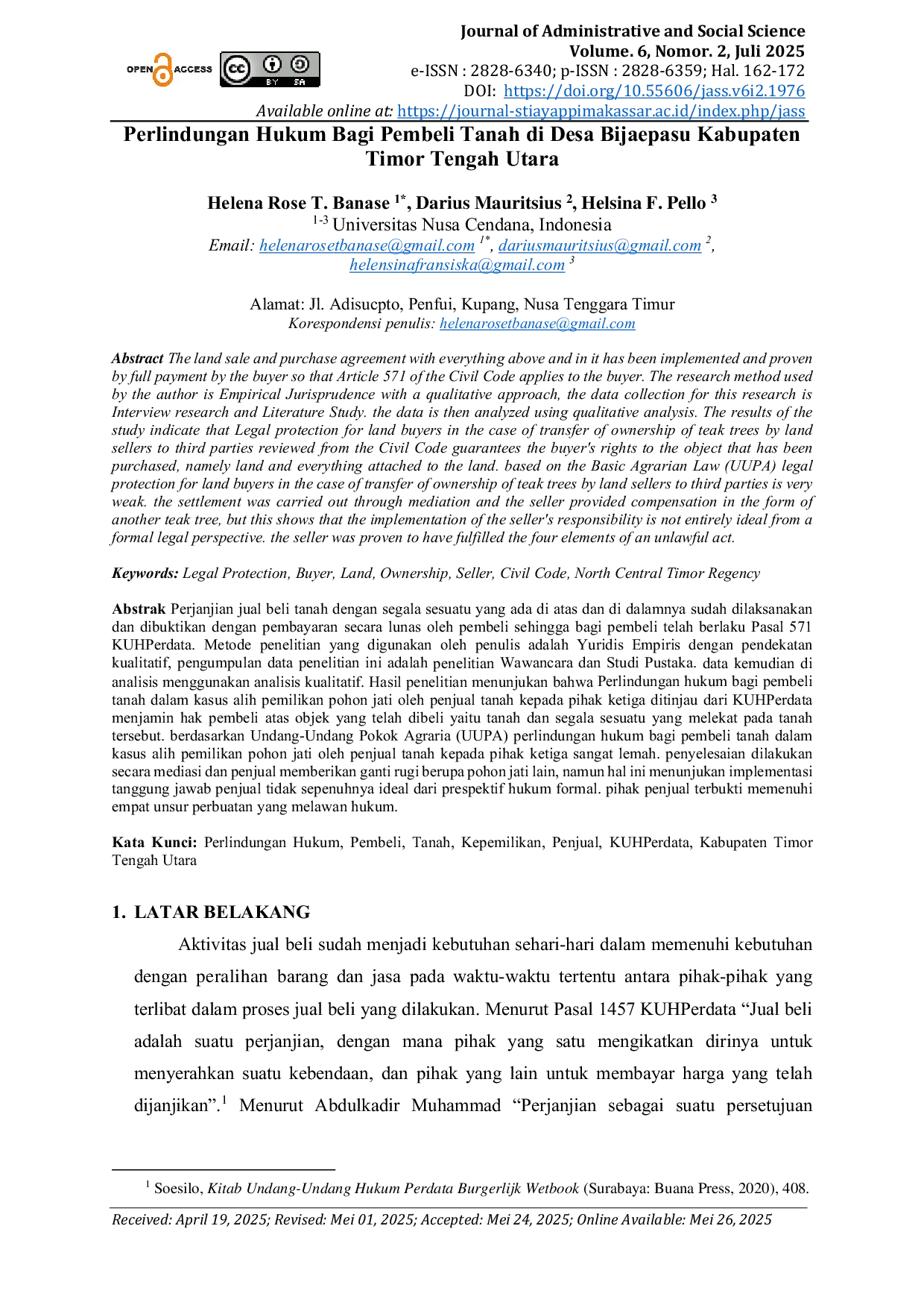 JURIS Perlindungan Hukum Bagi Pembeli Tanah Di Desa Bijaepasu Kabupaten Timor Tengah Utara