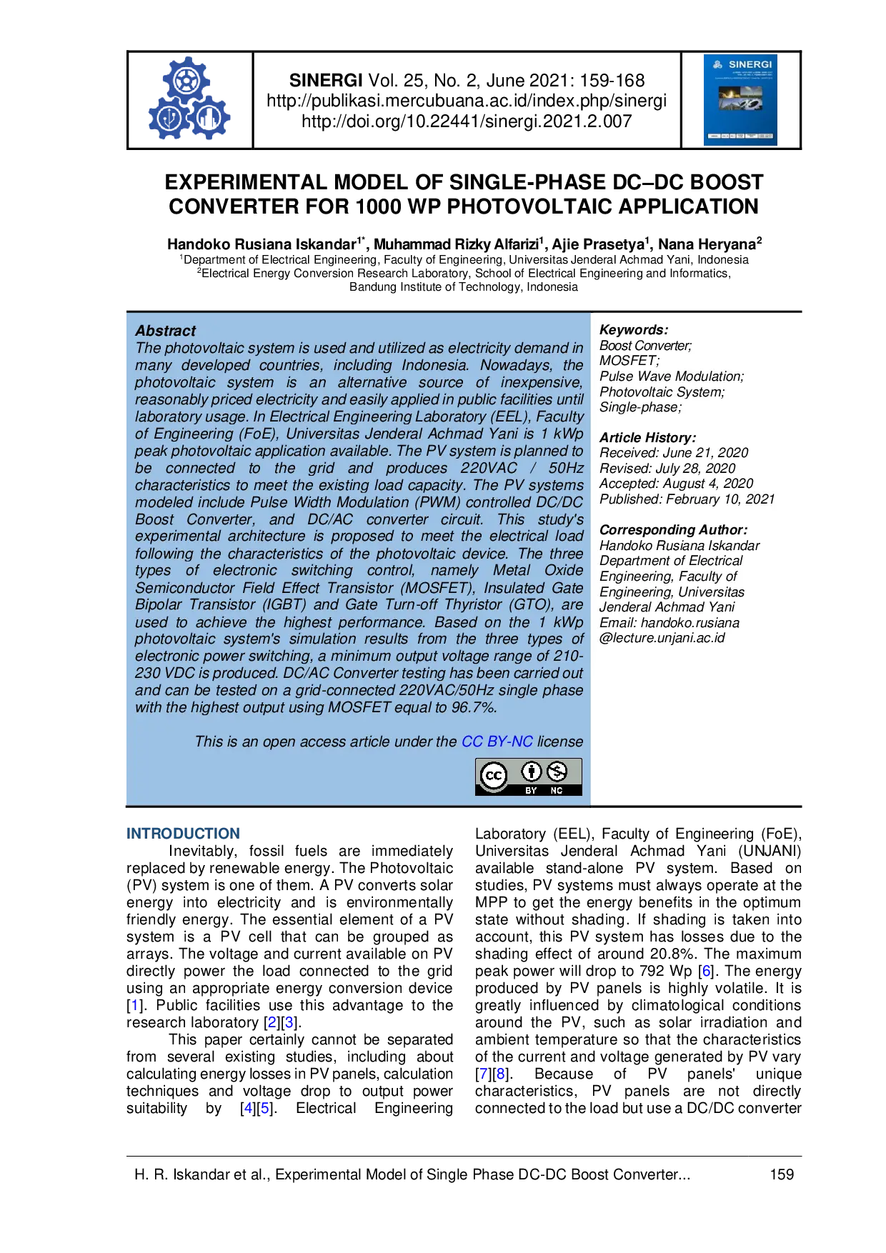 JURIS Experimental Model of Single Phase DC DC Boost Converter for 1000 Wp Photovoltaic Application