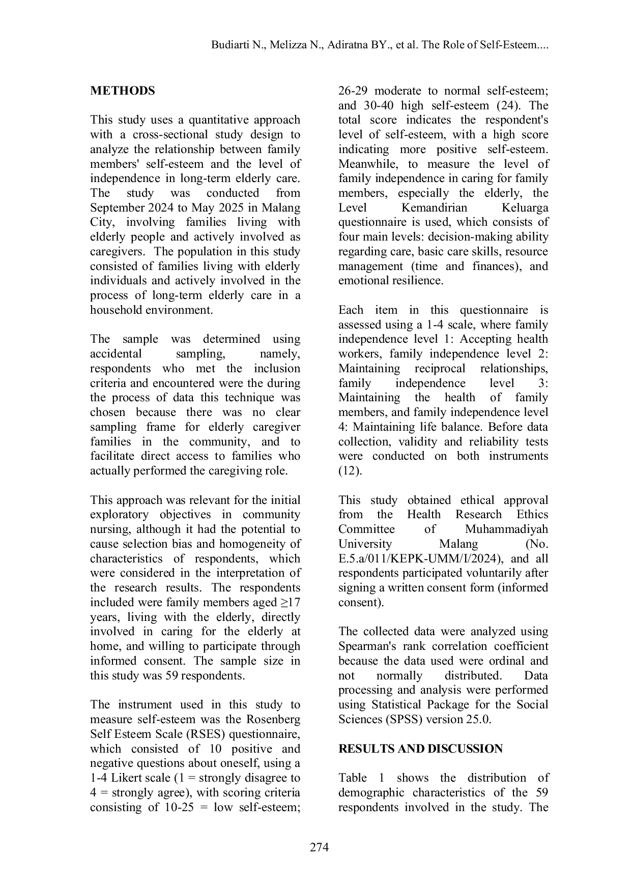 JURIS The The Role of Self Esteem in Predicting Family Independence in Long Term Elderly Care