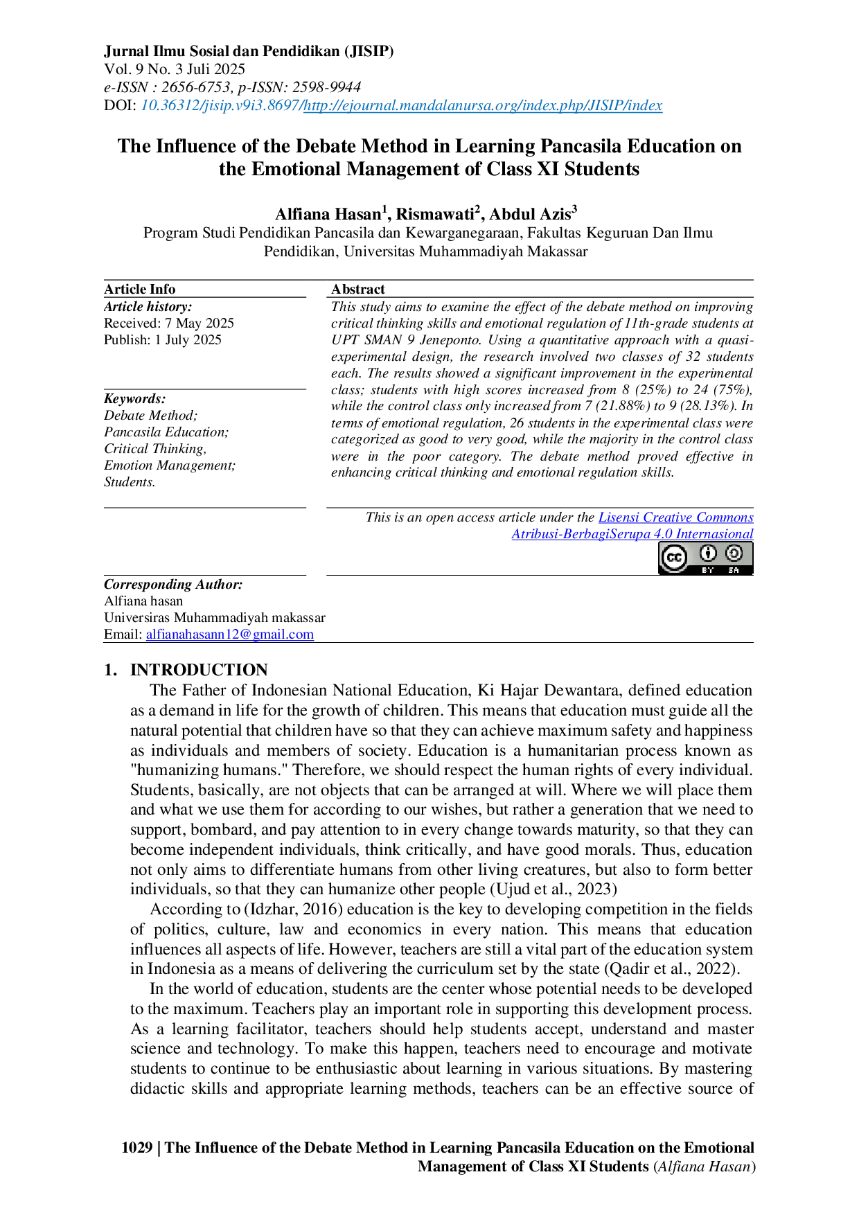 JURIS The Influence of the Debate Method in Learning Pancasila Education on the Emotional Management of Class XI Students