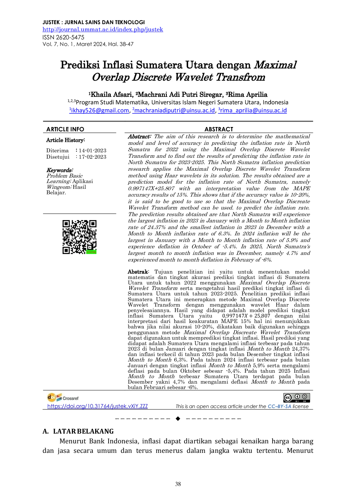 JURIS Prediksi Inflasi Sumatera Utara dengan Maximal Overlap Discrete Wavelet Transfrom