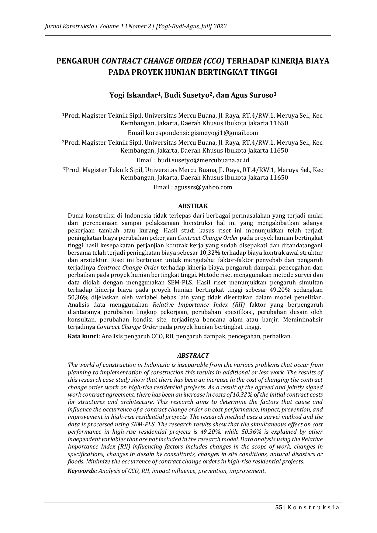 JURIS Pengaruh Contract Change Order CCO Terhadap Kinerja Biaya Pada Proyek Hunian Bertingkat Tinggi