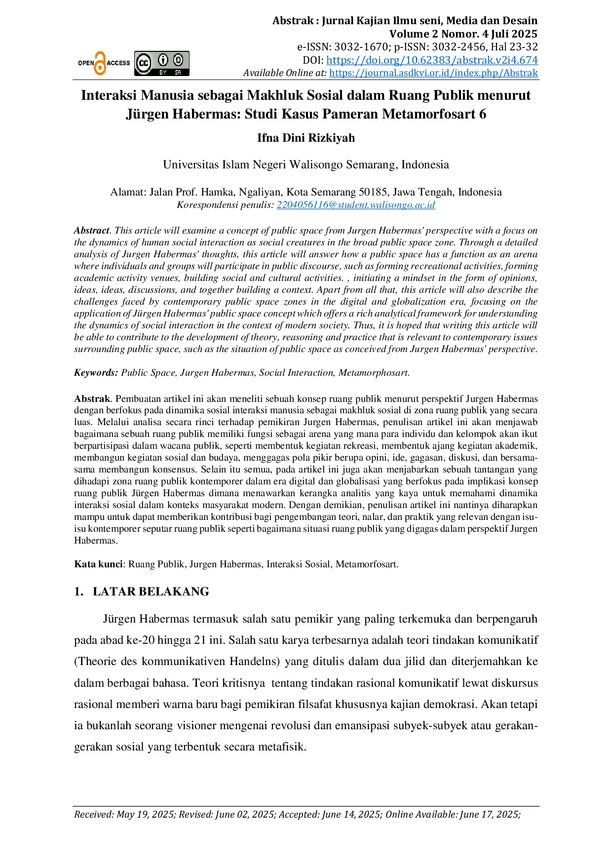 JURIS Interaksi Manusia sebagai Makhluk Sosial dalam Ruang Publik menurut J rgen Habermas Studi Kasus Pameran Metamorfosart 6