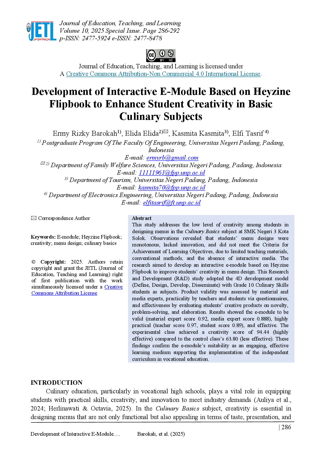 juris Development of Interactive E Module Based on Heyzine Flipbook to Enhance Student Creativity in Basic Culinary Subjects