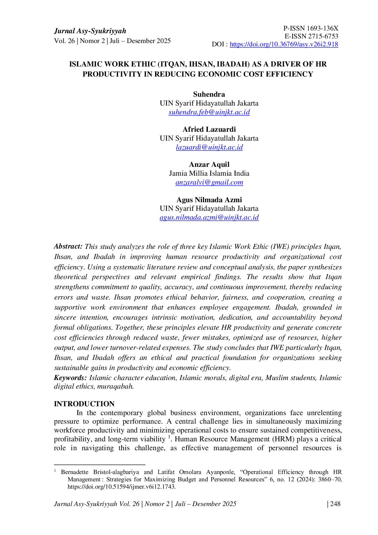 JURIS Islamic Work Ethic Itqan Ihsan Ibadah as a Driver of HR Productivity in Reducing Economic Cost Efficiency