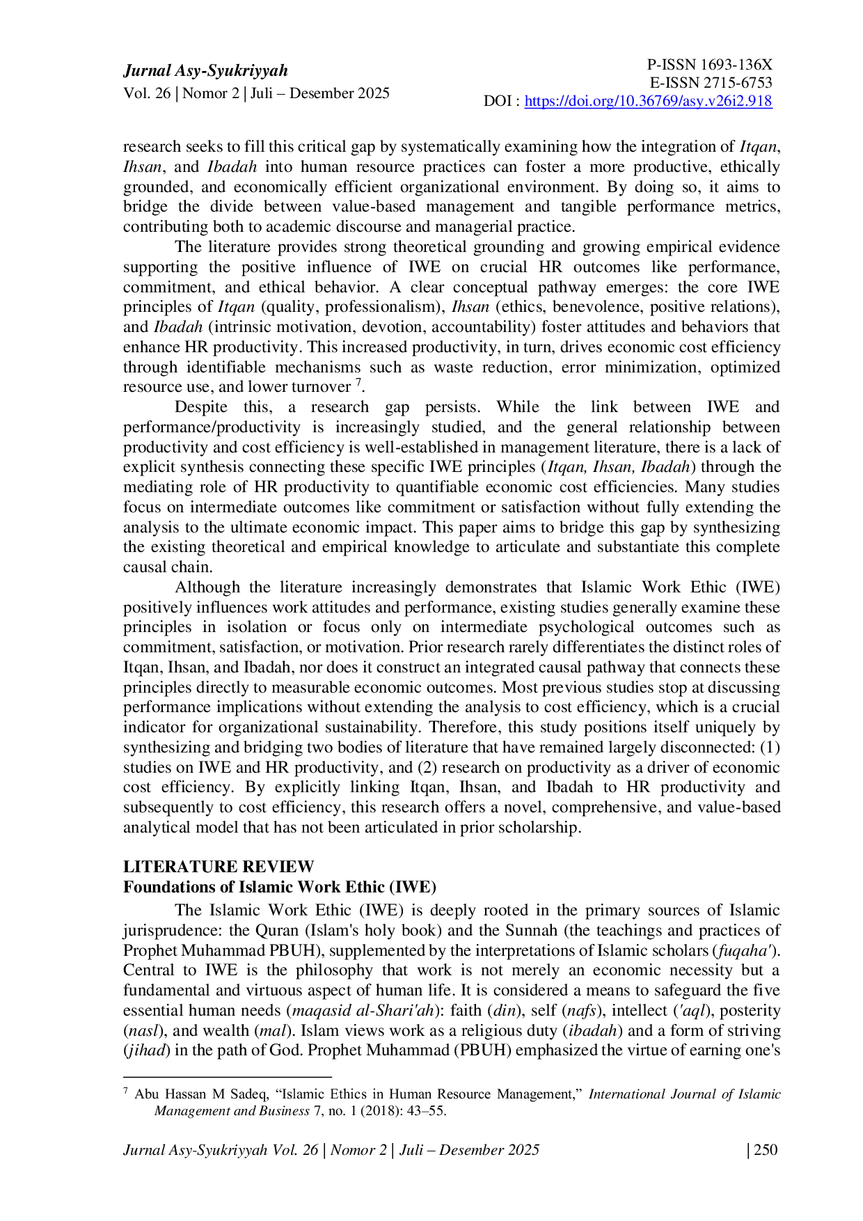 JURIS Islamic Work Ethic Itqan Ihsan Ibadah as a Driver of HR Productivity in Reducing Economic Cost Efficiency