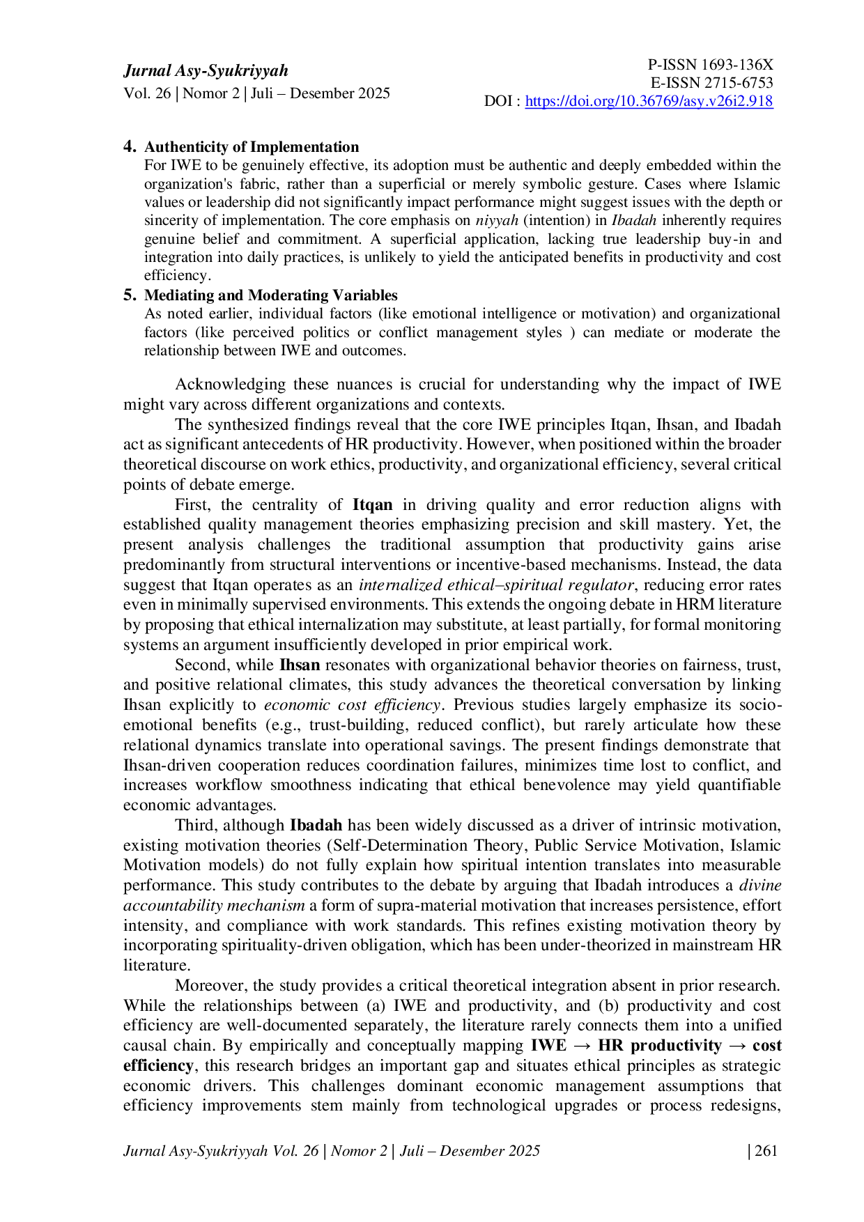 JURIS Islamic Work Ethic Itqan Ihsan Ibadah as a Driver of HR Productivity in Reducing Economic Cost Efficiency