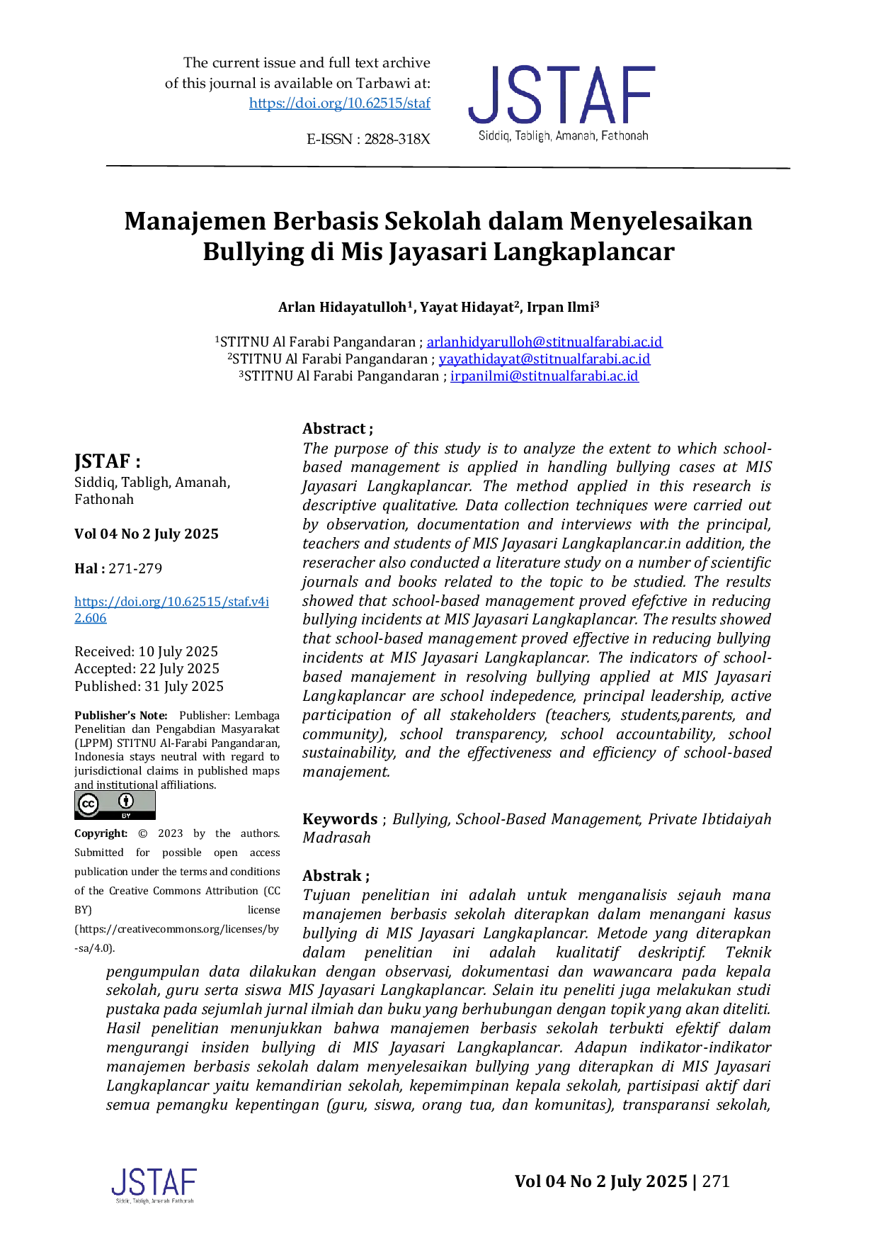 JURIS Manajemen Berbasis Sekolah dalam Menyelesaikan Bullying di Mis Jayasari Langkaplancar