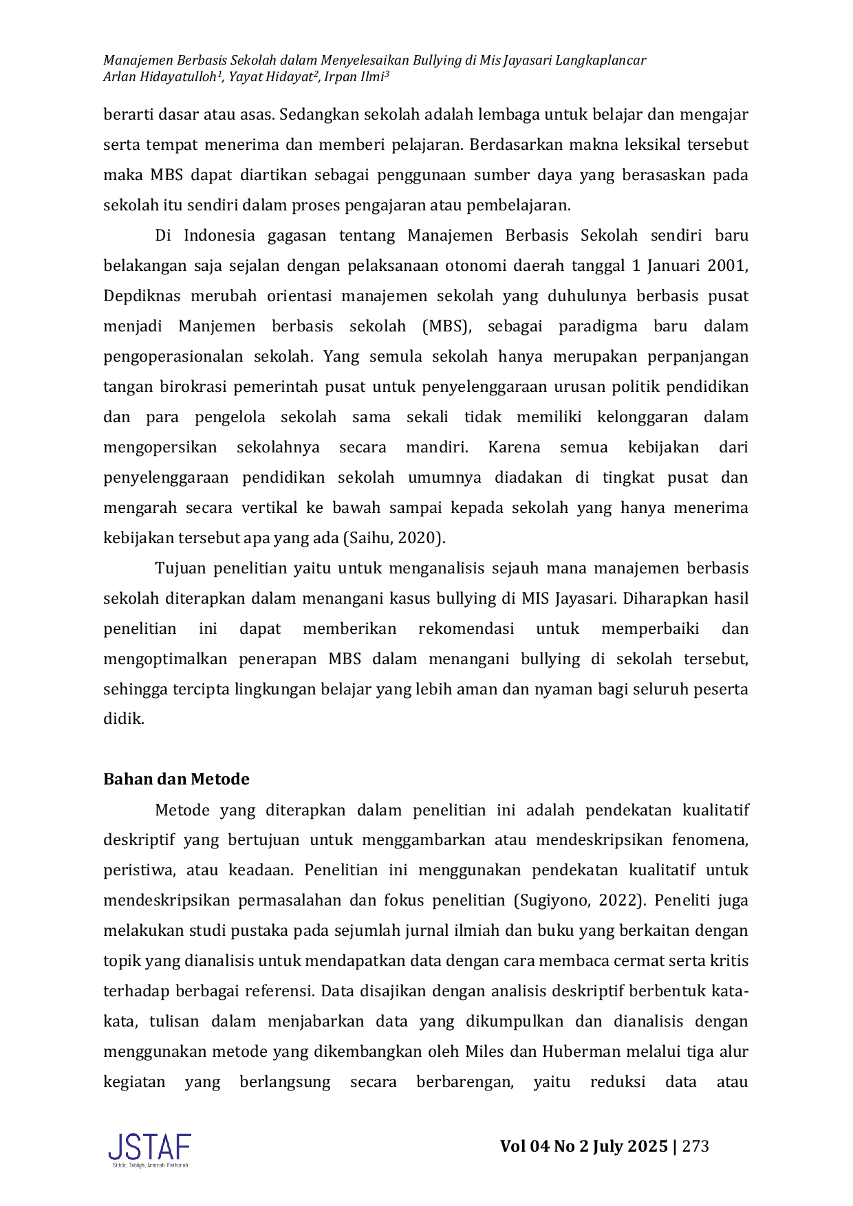 JURIS Manajemen Berbasis Sekolah dalam Menyelesaikan Bullying di Mis Jayasari Langkaplancar