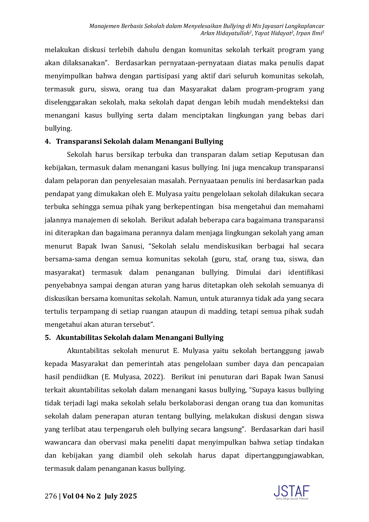 JURIS Manajemen Berbasis Sekolah dalam Menyelesaikan Bullying di Mis Jayasari Langkaplancar