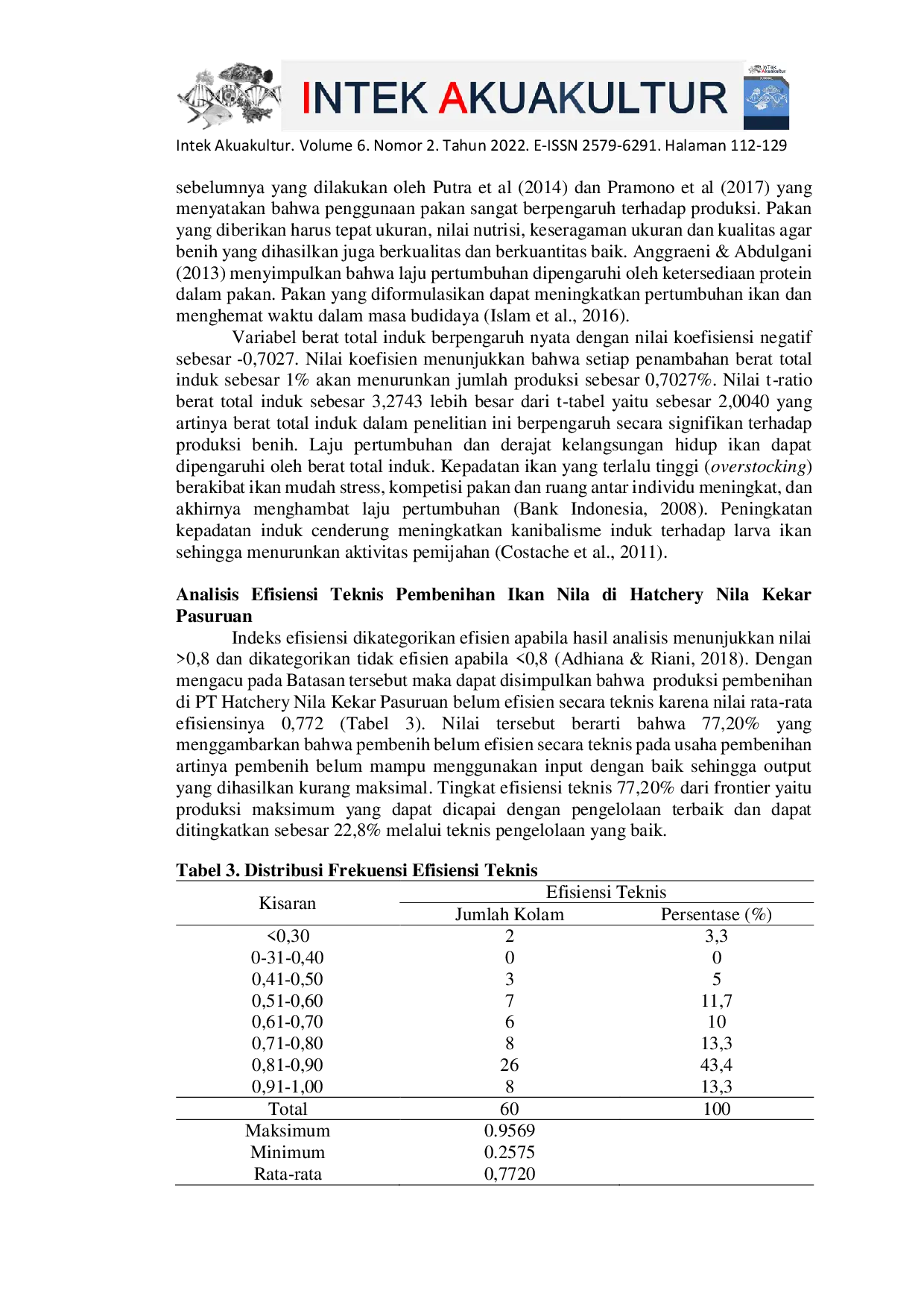 JURIS Analisis Efisiensi Teknis Pembenihan Ikan Nila di PT Hatchery Nila Kekar Pasuruan