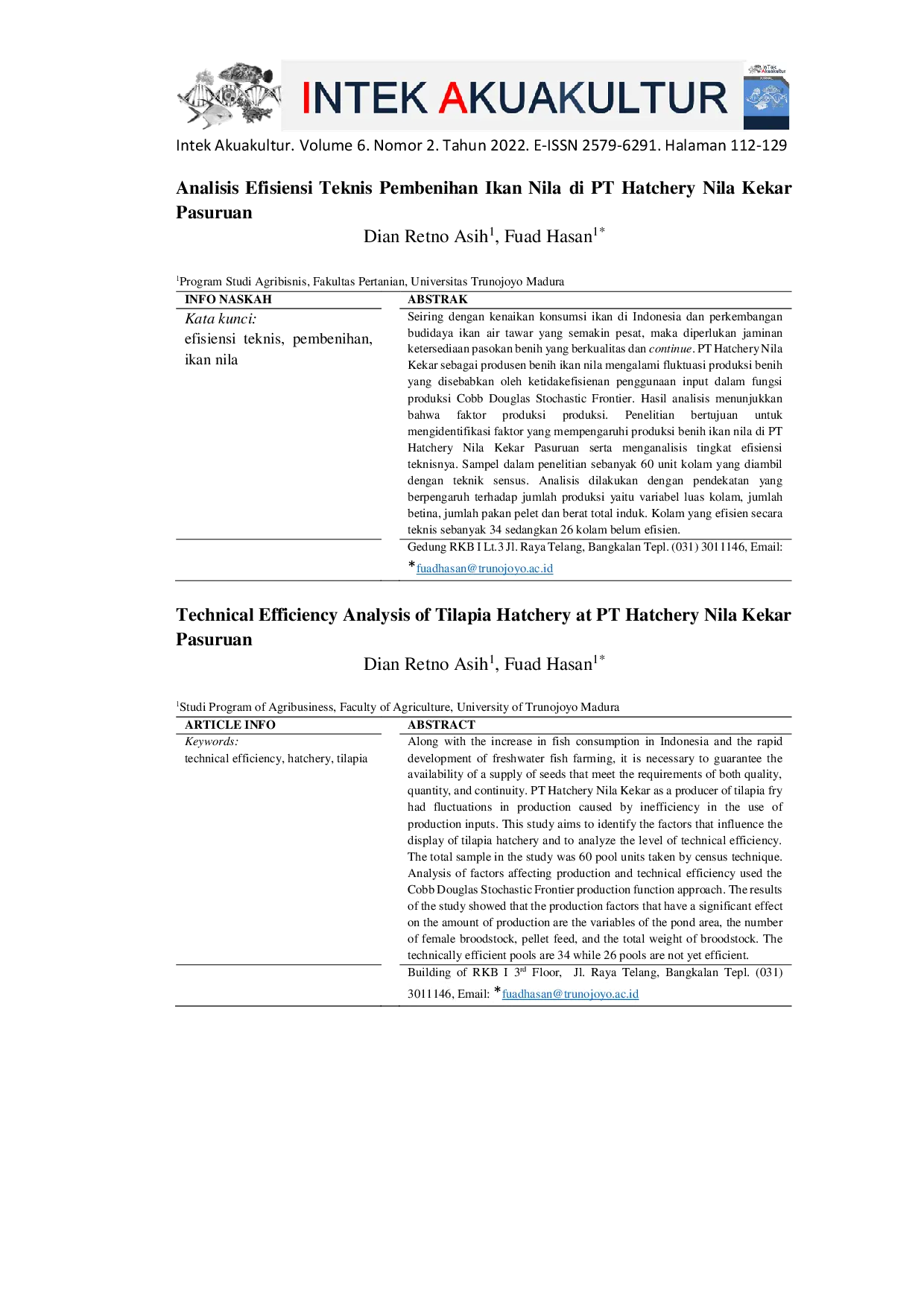 JURIS Analisis Efisiensi Teknis Pembenihan Ikan Nila di PT Hatchery Nila Kekar Pasuruan