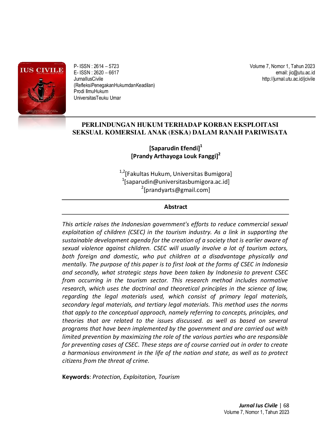 JURIS Perlindungan Hukum Terhadap Korban Ekspolitasi Seksual Komersial Anak ESKA Dalam Ranah Pariwisata