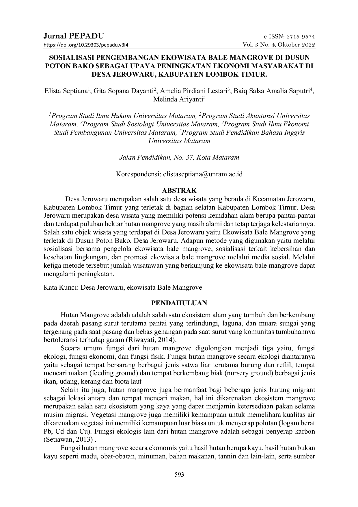 JURIS Sosialisasi Pengembangan Ekowisata Bale Mangrove di Dusun Poton Bako Sebagai Upaya Peningkatan Ekonomi Masyarakat di Desa Jerowaru Kabupaten Lombok Timur