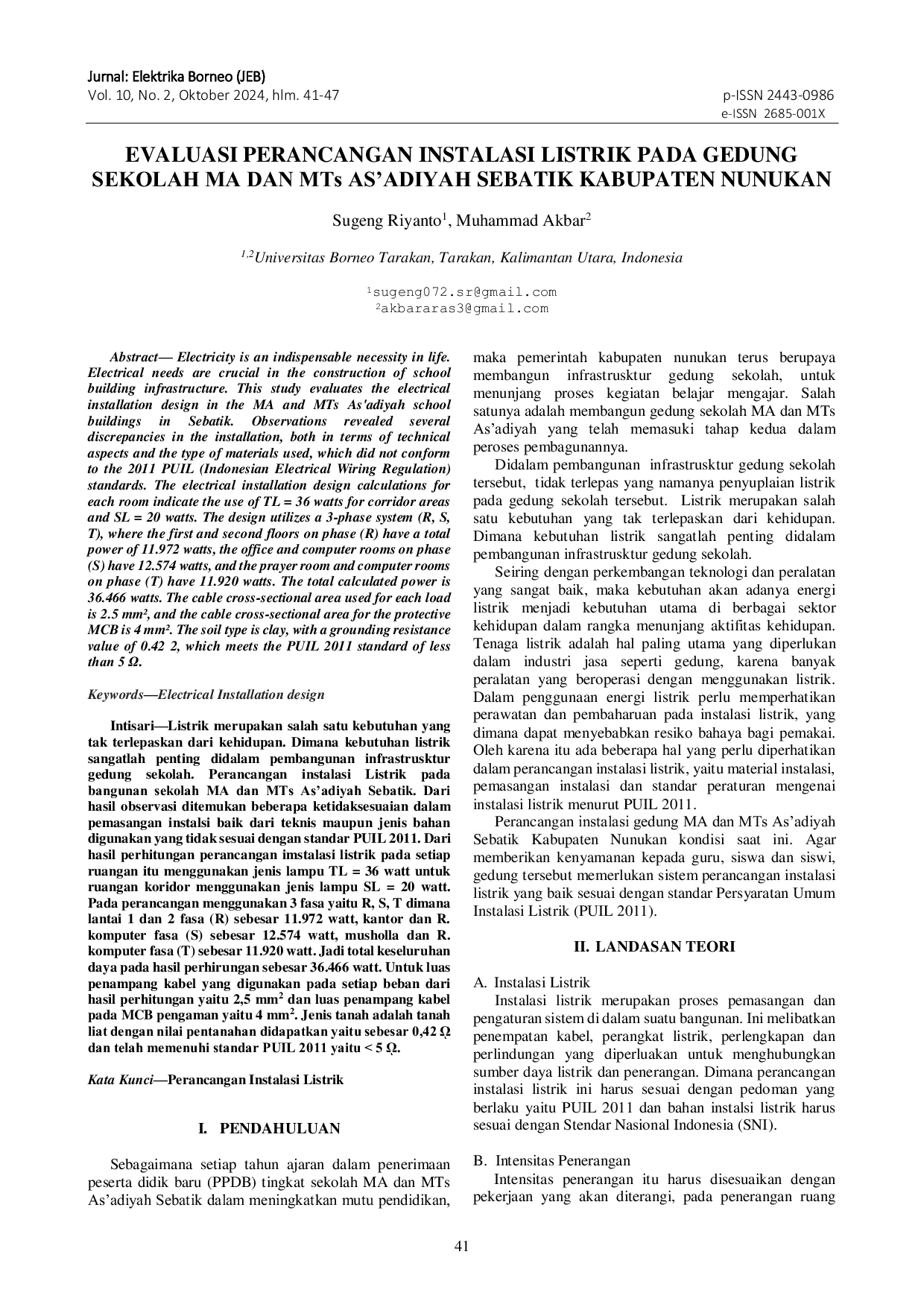 JURIS EVALUASI PERANCANGAN INSTALASI LISTRIK PADA GEDUNG SEKOLAH MA DAN MTs AS ADIYAH SEBATIK KABUPATEN NUNUKAN