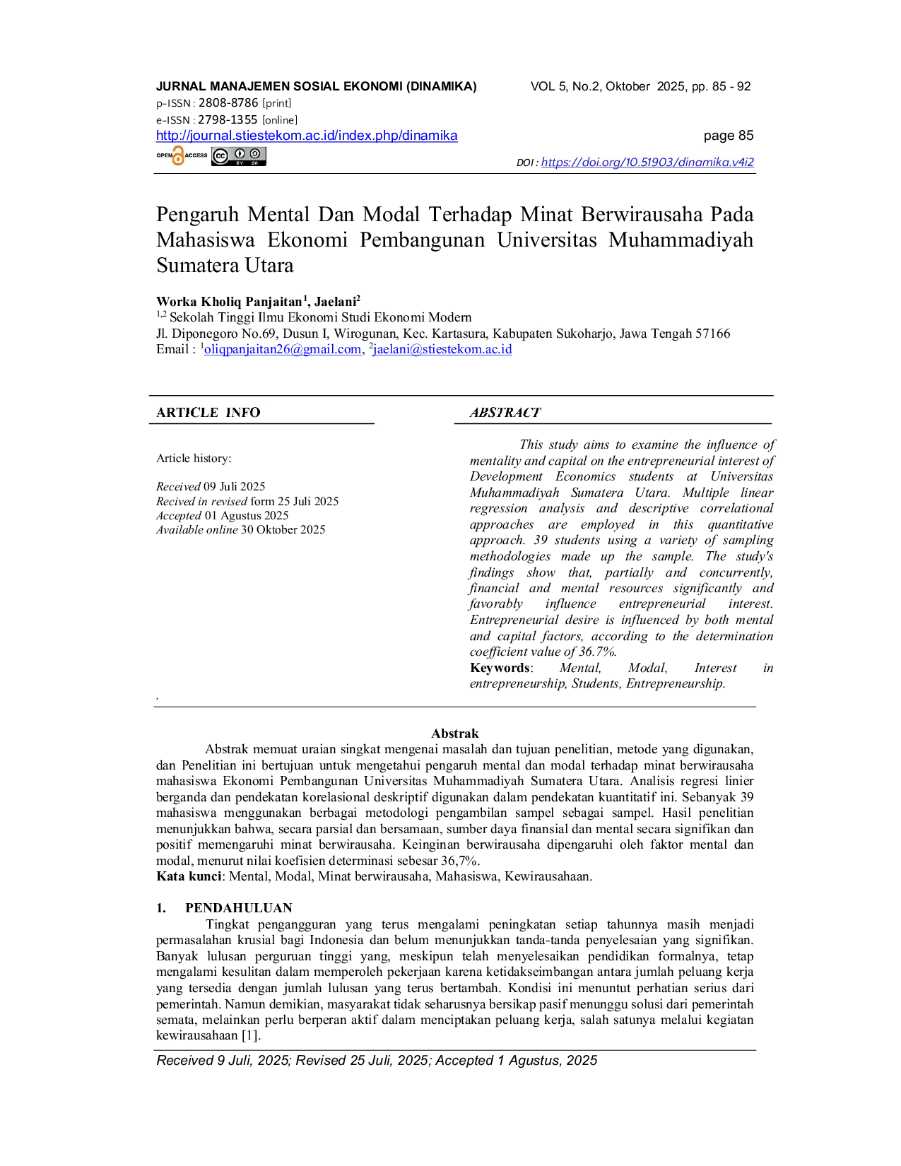 JURIS Pengaruh Mental Dan Modal Terhadap Minat Berwirausaha Pada Mahasiswa Ekonomi Pembangunan Universitas Muhammadiyah Sumatera Utara