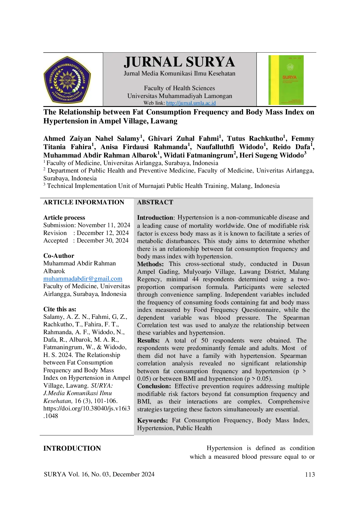JURIS The Relationship between Fat Consumption Frequency and Body Mass Index on Hypertension in Ampel Village Lawang