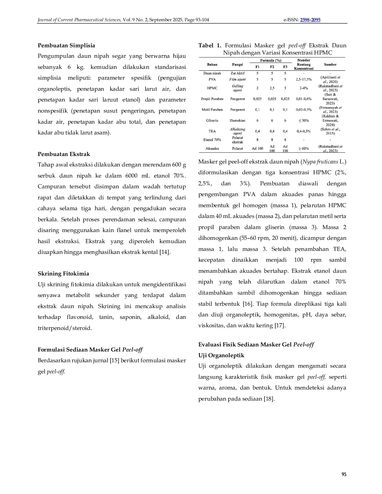 JURIS Pengembangan Masker Gel Peel off Antibakteri Ekstrak Daun Nipah Nypa fruticans dengan Pengoptimalan Konsentrasi HPMC untuk Perawatan Kulit Berbasis Alam