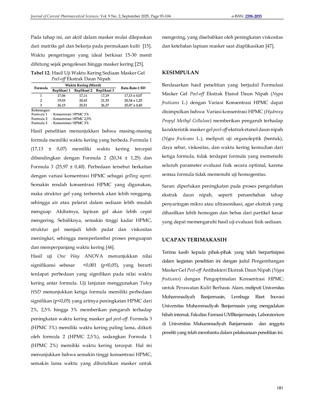 JURIS Pengembangan Masker Gel Peel off Antibakteri Ekstrak Daun Nipah Nypa fruticans dengan Pengoptimalan Konsentrasi HPMC untuk Perawatan Kulit Berbasis Alam