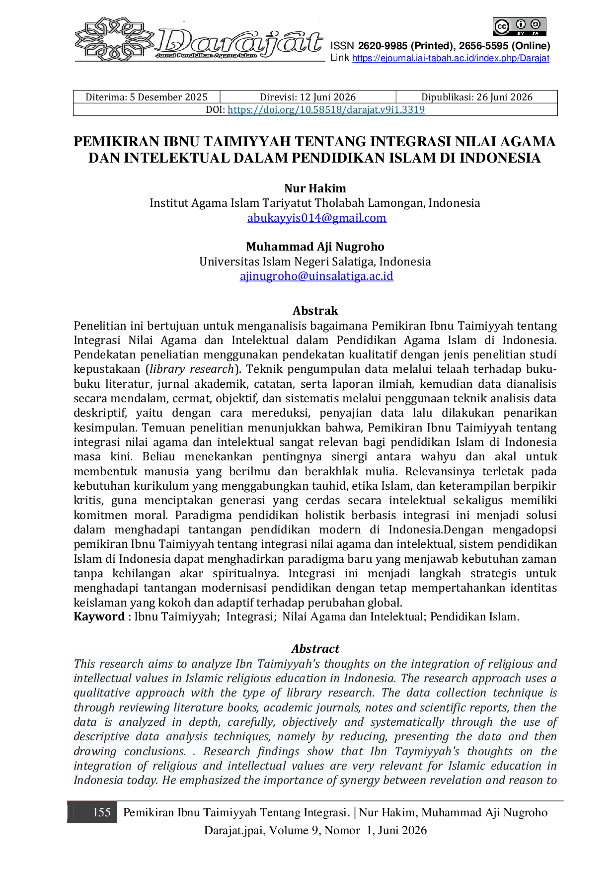 JURIS Ibn Taymiyyah s Thoughts on the Integration of Religious and Intellectual Values AUAUin Islamic Education in Indonesia