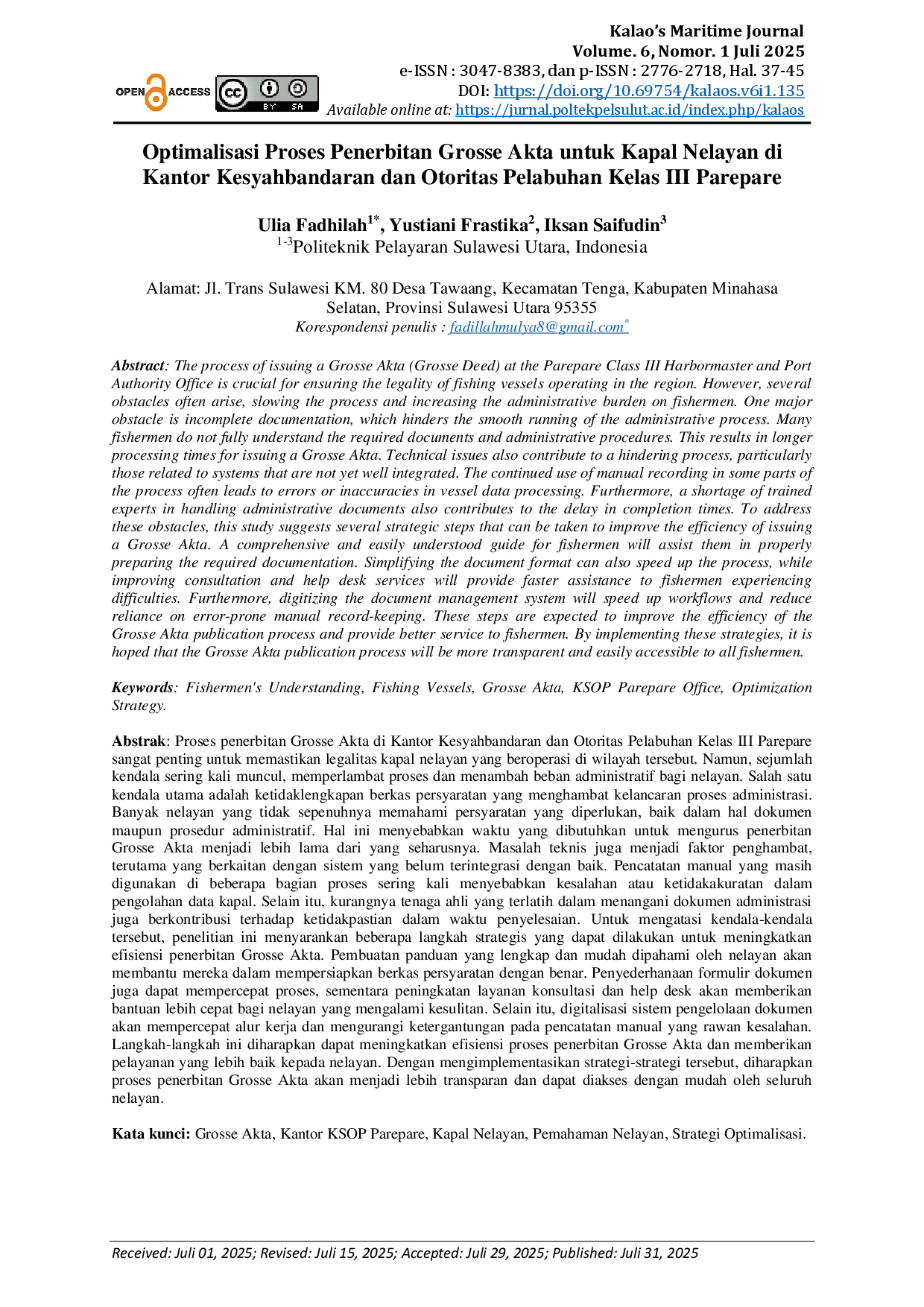 juris Optimalisasi Proses Penerbitan Grosse Akta untuk Kapal Nelayan di Kantor Kesyahbandaran dan Otoritas Pelabuhan Kelas III Parepare