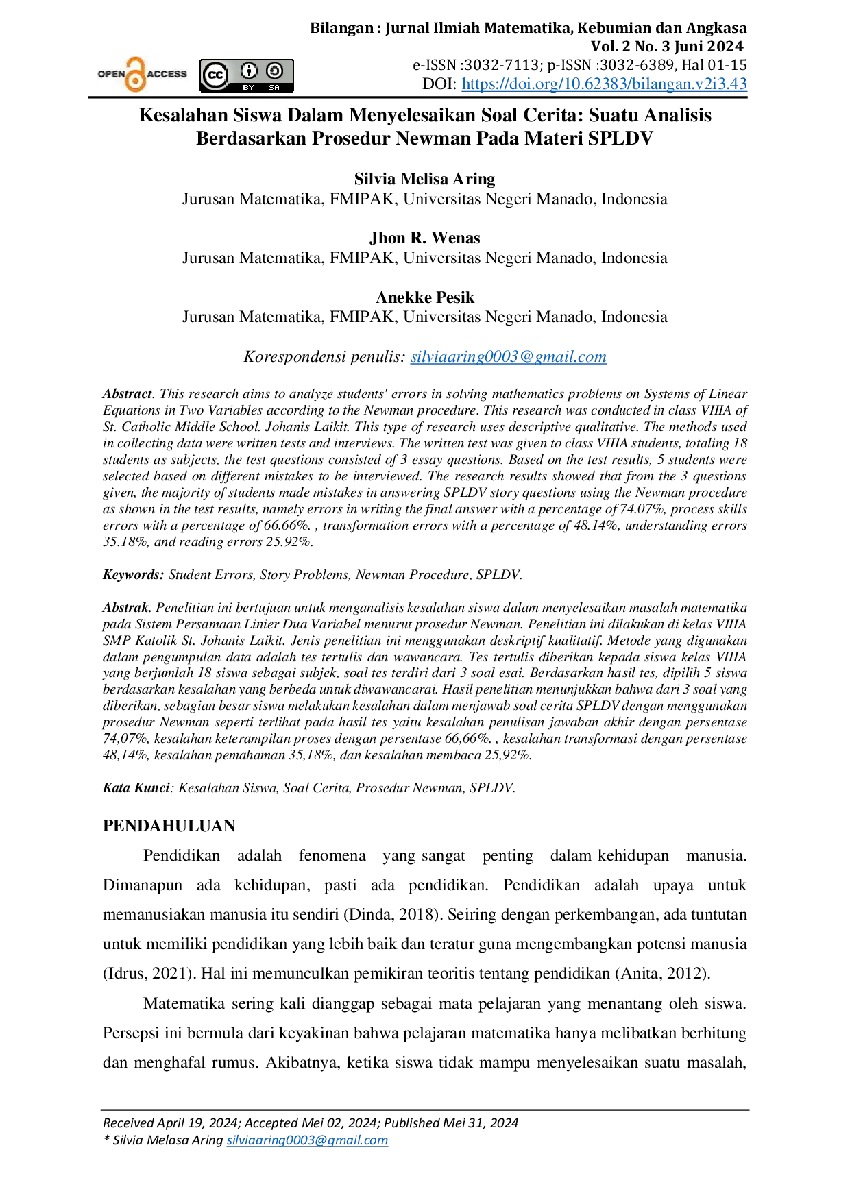 JURIS Kesalahan Siswa Dalam Menyelesaikan Soal Cerita Suatu Analisis Berdasarkan Prosedur Newman Pada Materi Spldv
