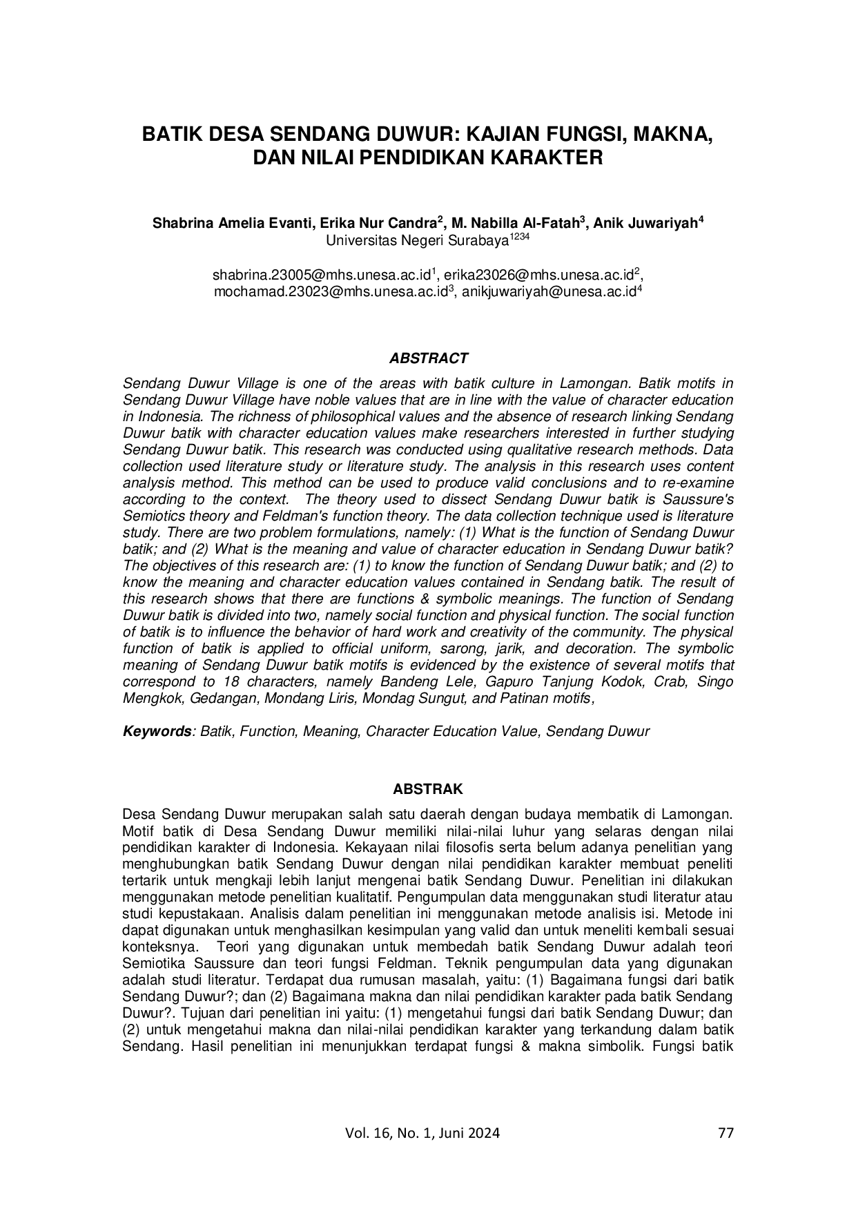 JURIS Batik Desa Sendang Duwur Kajian Fungsi Makna Dan Nilai Pendidikan Karakter