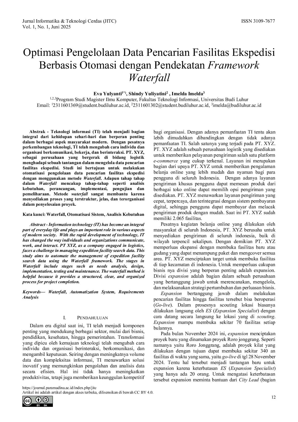 JURIS Optimasi Pengelolaan Data Pencarian Fasilitas Ekspedisi Berbasis Otomasi dengan Pendekatan Framework Waterfall