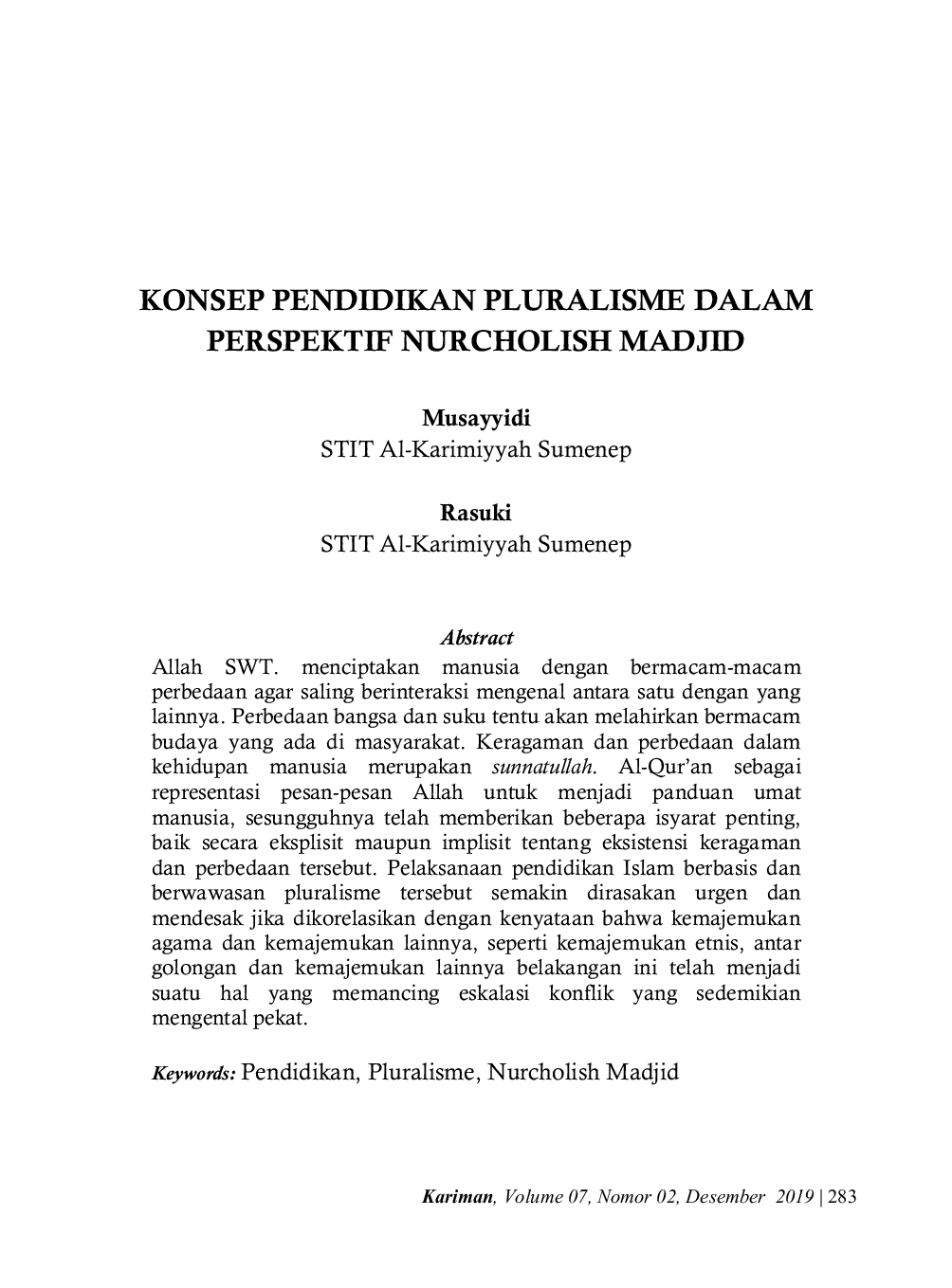 JURIS Konsep Pendidikan Pluralisme dalam Perspektif Nurcholish Madjid