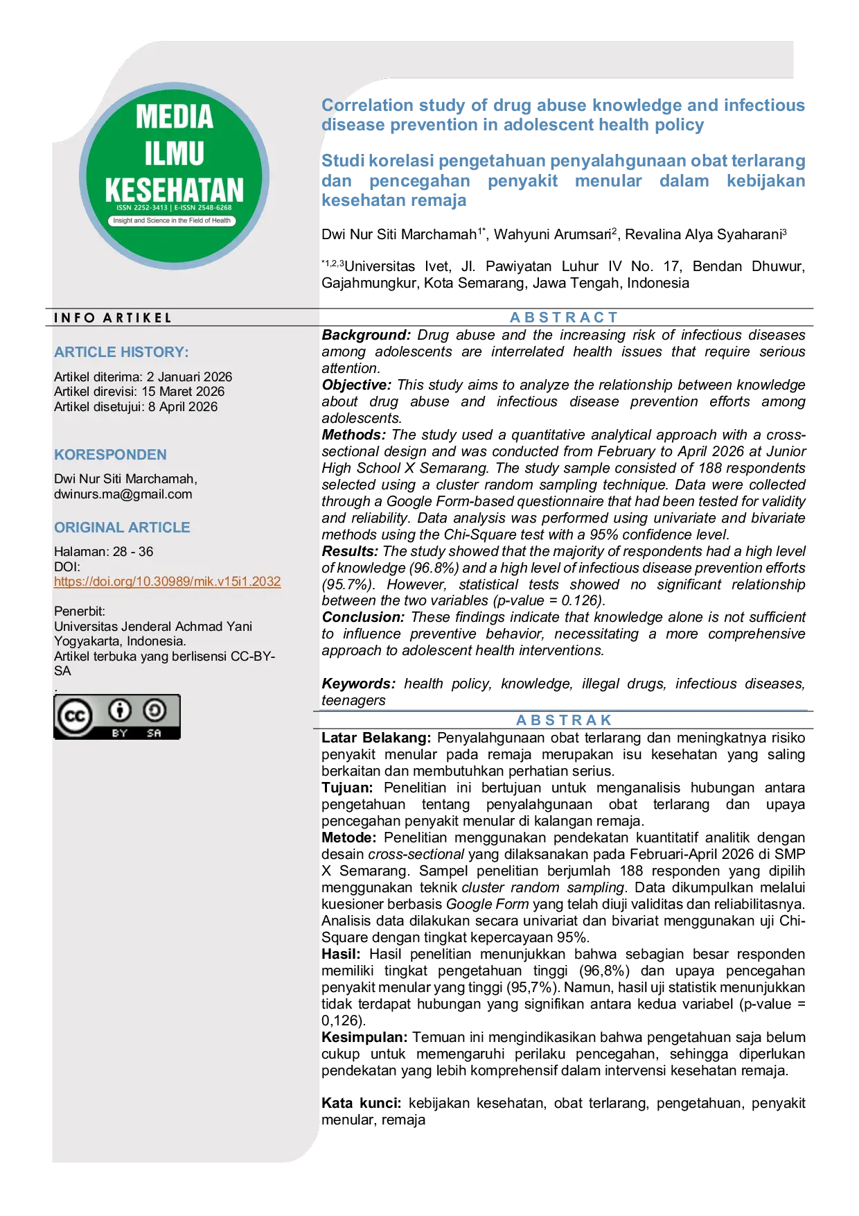 JURIS Correlation study of drug abuse knowledge and infectious disease prevention in adolescent health policy