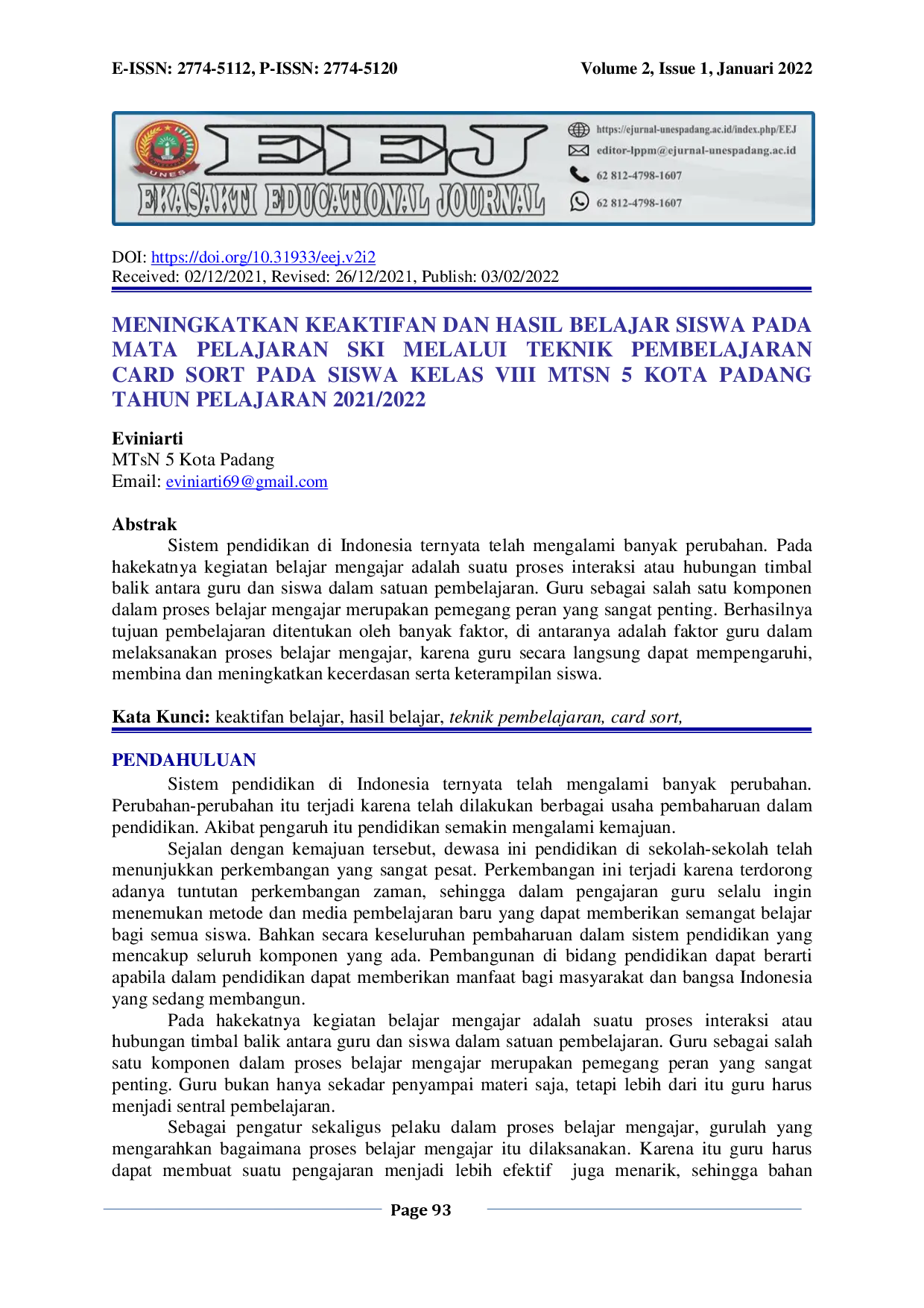 JURIS Meningkatkan Keaktifan dan Hasil Belajar Siswa Pada Mata Pelajaran SKI Melalui Teknik Pembelajaran Card Sort Pada Siswa Kelas VIII MTsN 5 Kota Padang Tahun Pelajaran 2021 2022