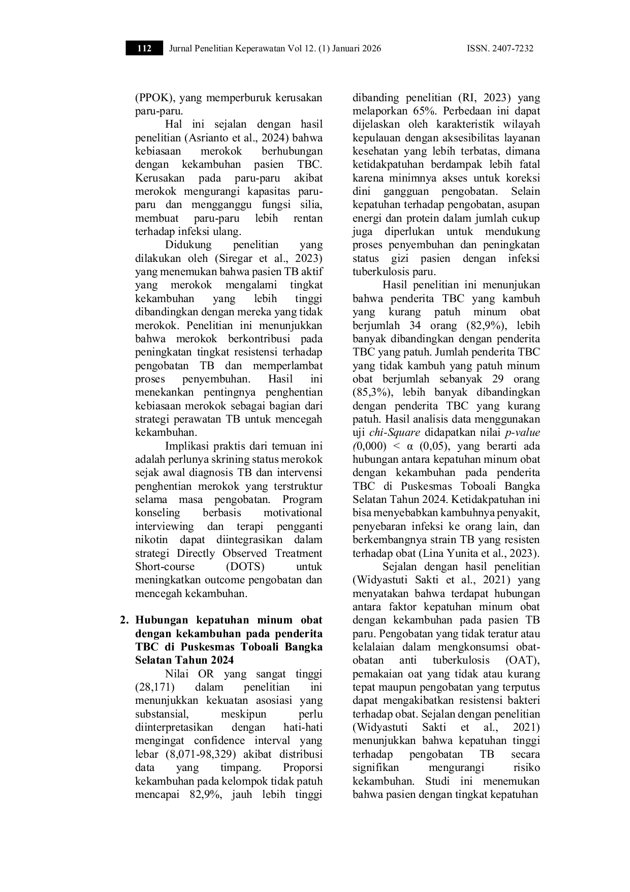 JURIS Hubungan Antara Perawatan Mandiri Tuberkulosis dengan Kekambuhan pada Penderita TBC di Puskesmas Toboali Bangka Selatan