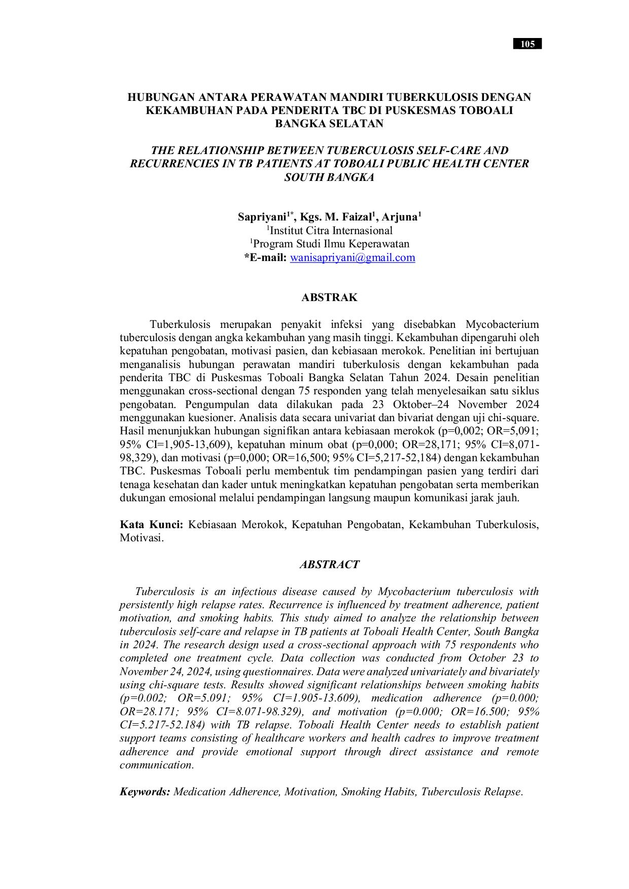 JURIS Hubungan Antara Perawatan Mandiri Tuberkulosis dengan Kekambuhan pada Penderita TBC di Puskesmas Toboali Bangka Selatan