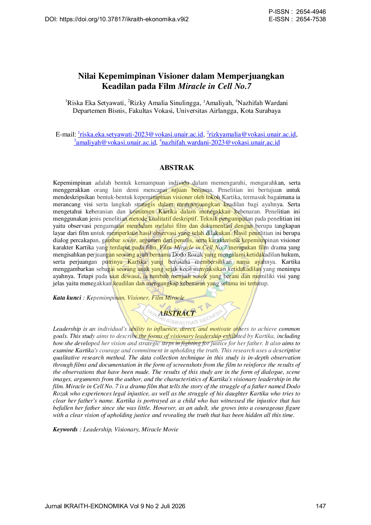 JURIS Nilai Kepemimpinan Visioner dalam Memperjuangkan Keadilan pada Film Miracle in Cell No 7